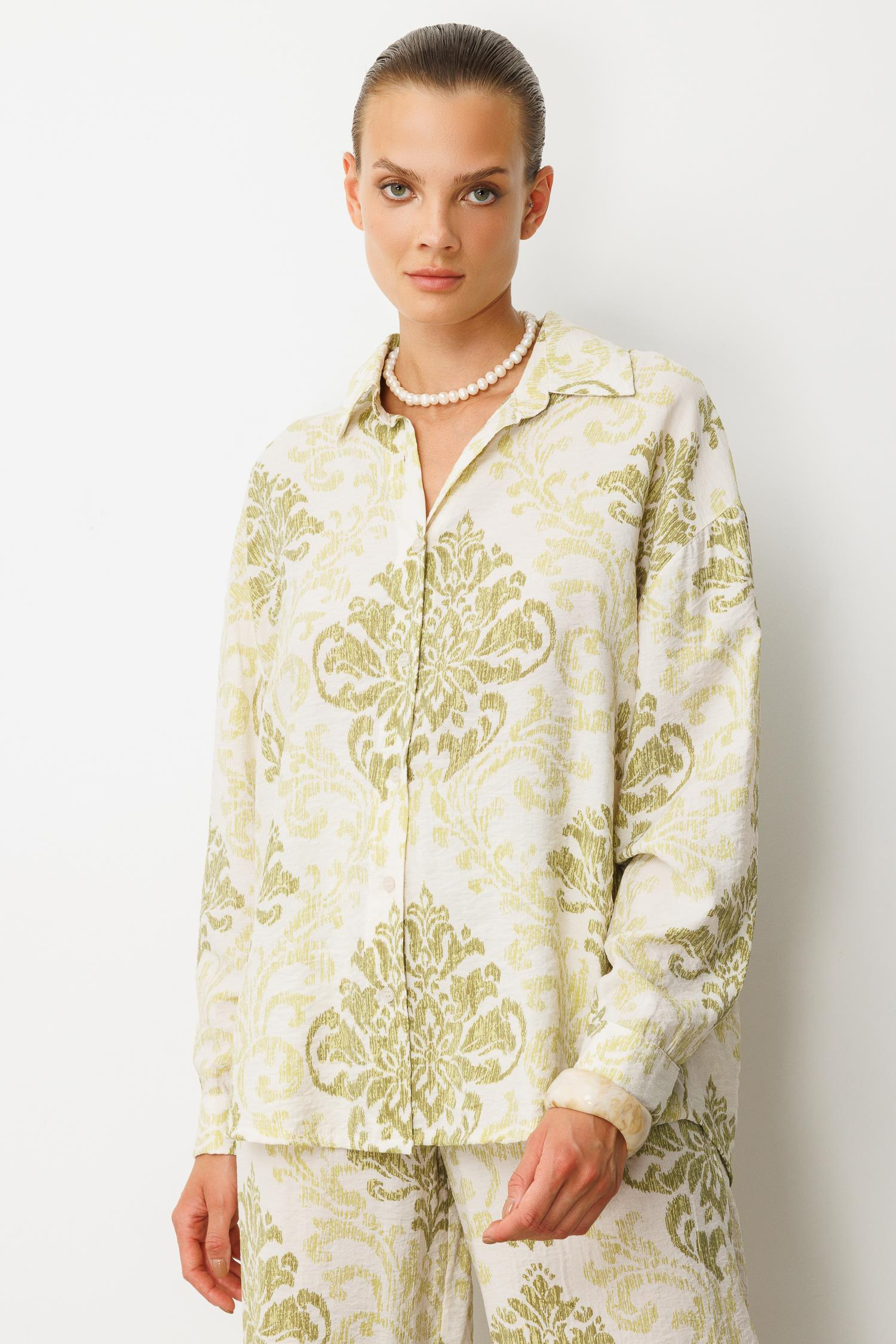 Desenli Oversize Gömlek-YEŞİL