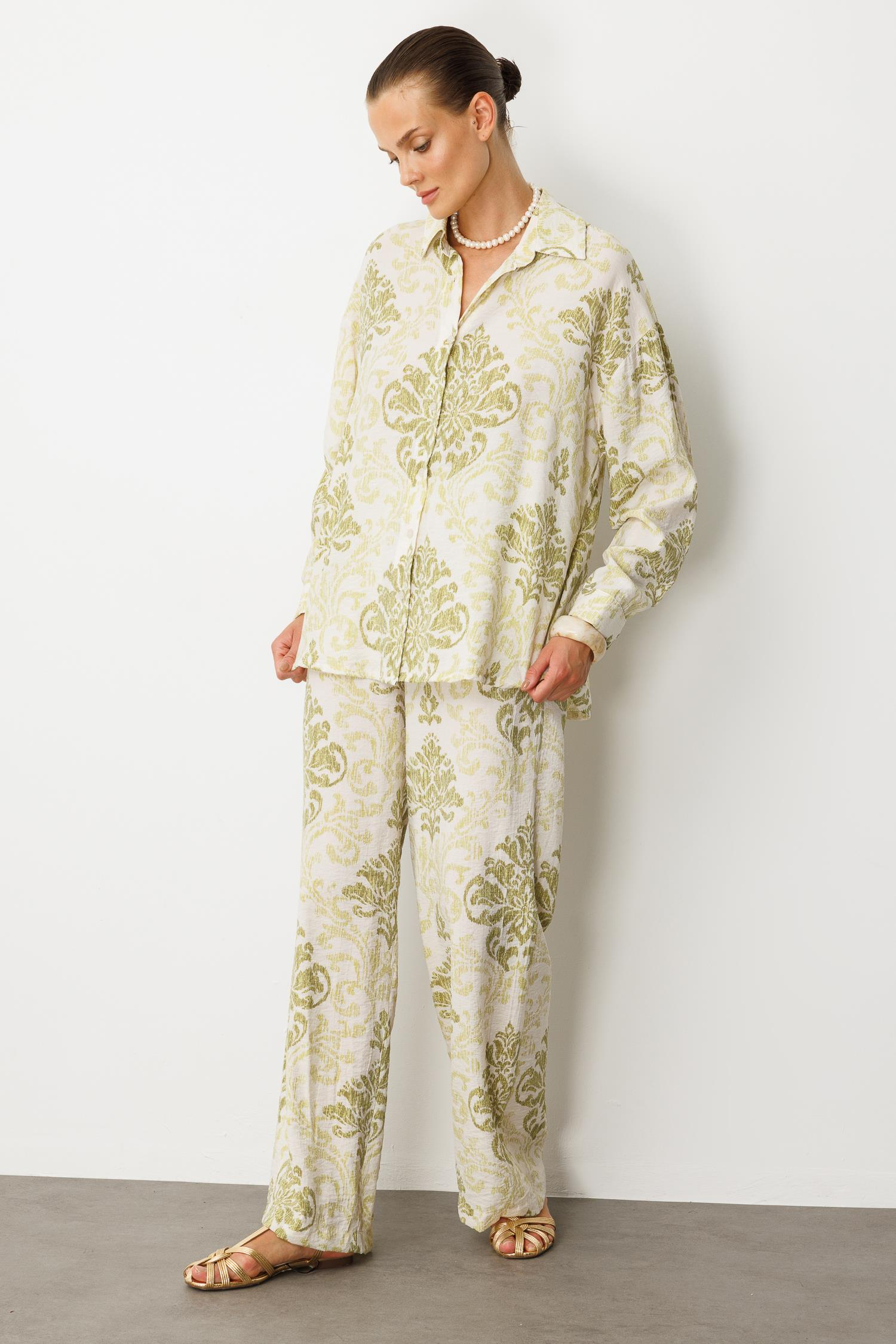 Desenli Oversize Gömlek-YEŞİL