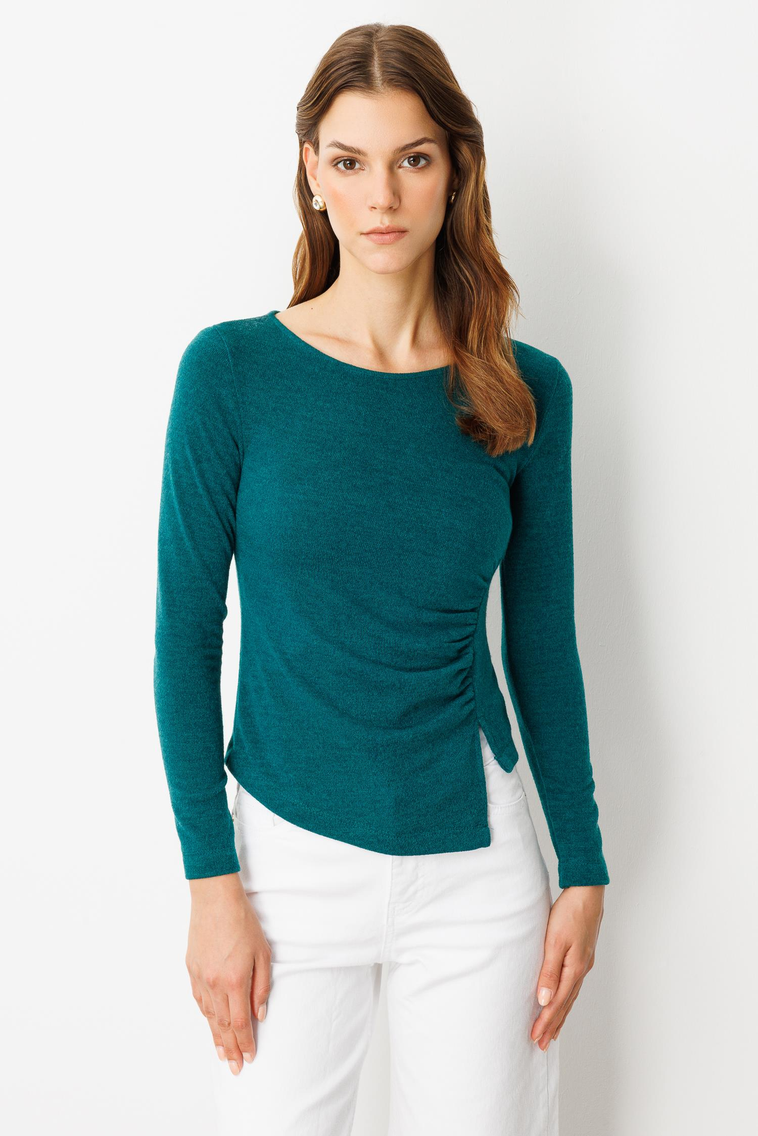 Drape Detaylı Dokuma Bluz-YEŞİL