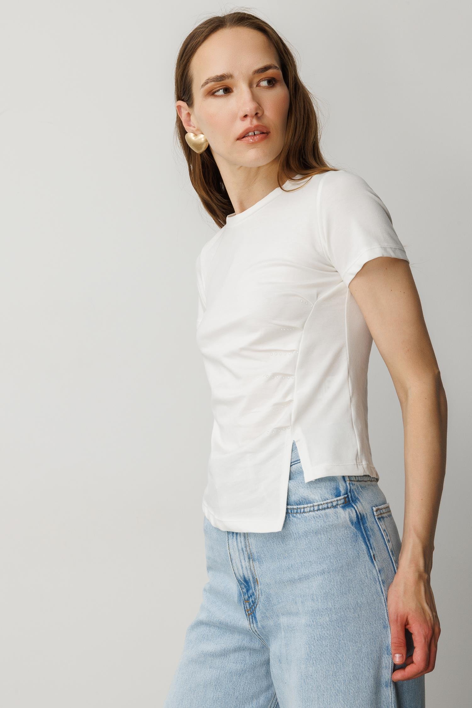 Drape Detaylı Taşlı Tişört-KEMIK