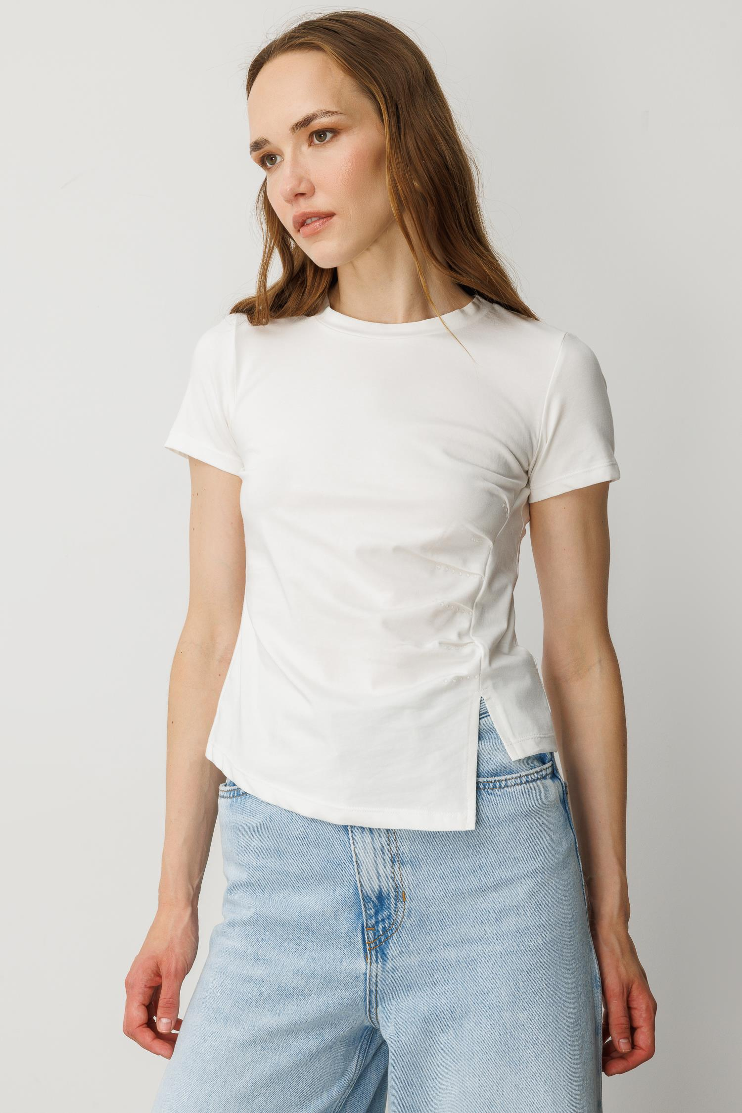 Drape Detaylı Taşlı Tişört-KEMIK