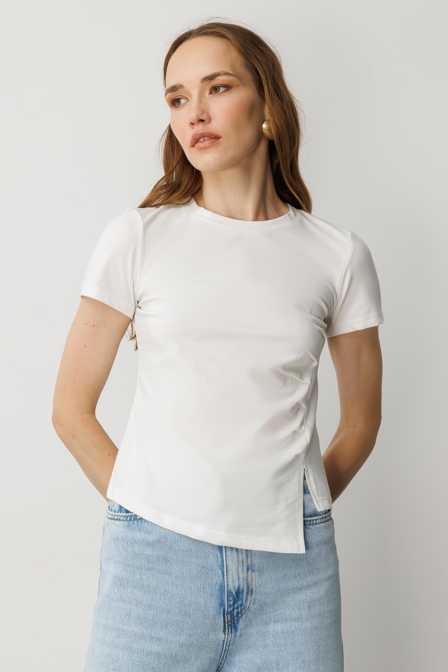 Drape Detaylı Taşlı Tişört-KEMIK