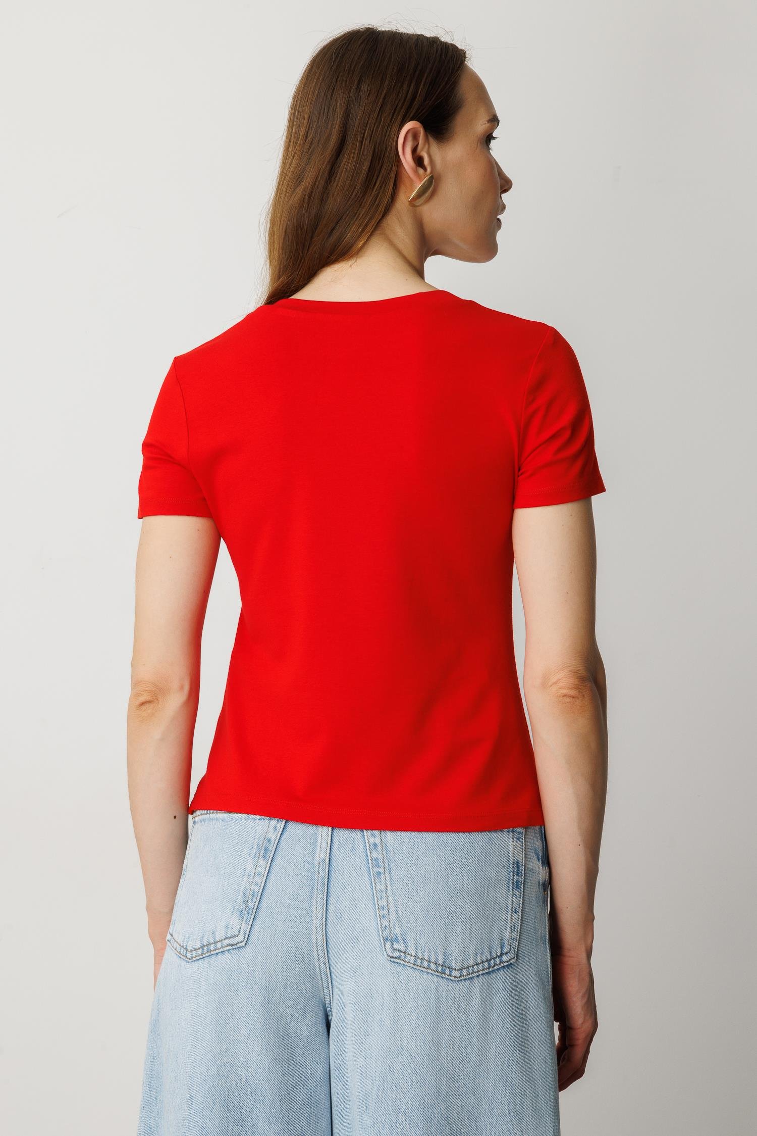 Drape Detaylı Taşlı Tişört-KIRMIZI