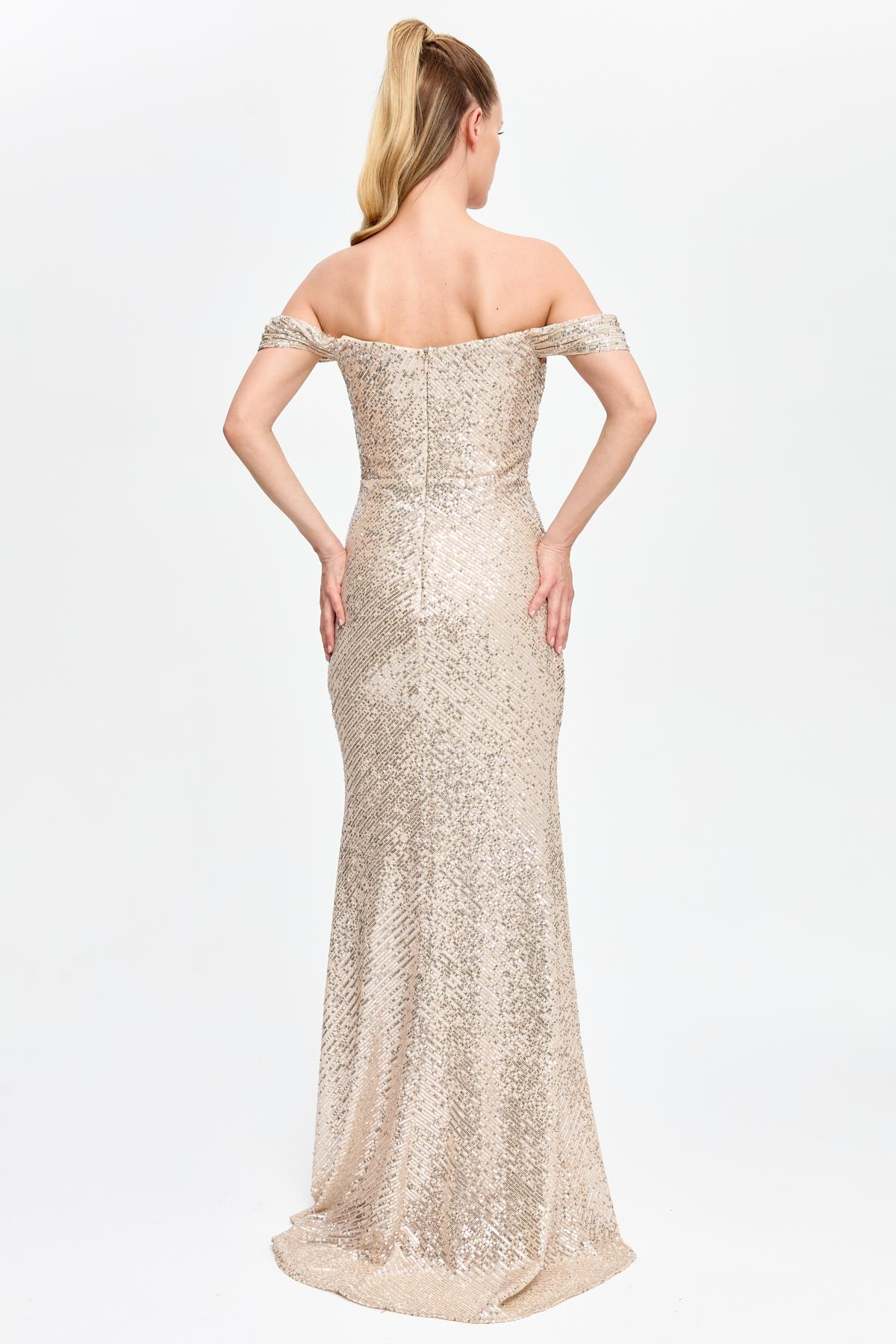 Drape ve Payet Detaylı Uzun Abiye - GOLD