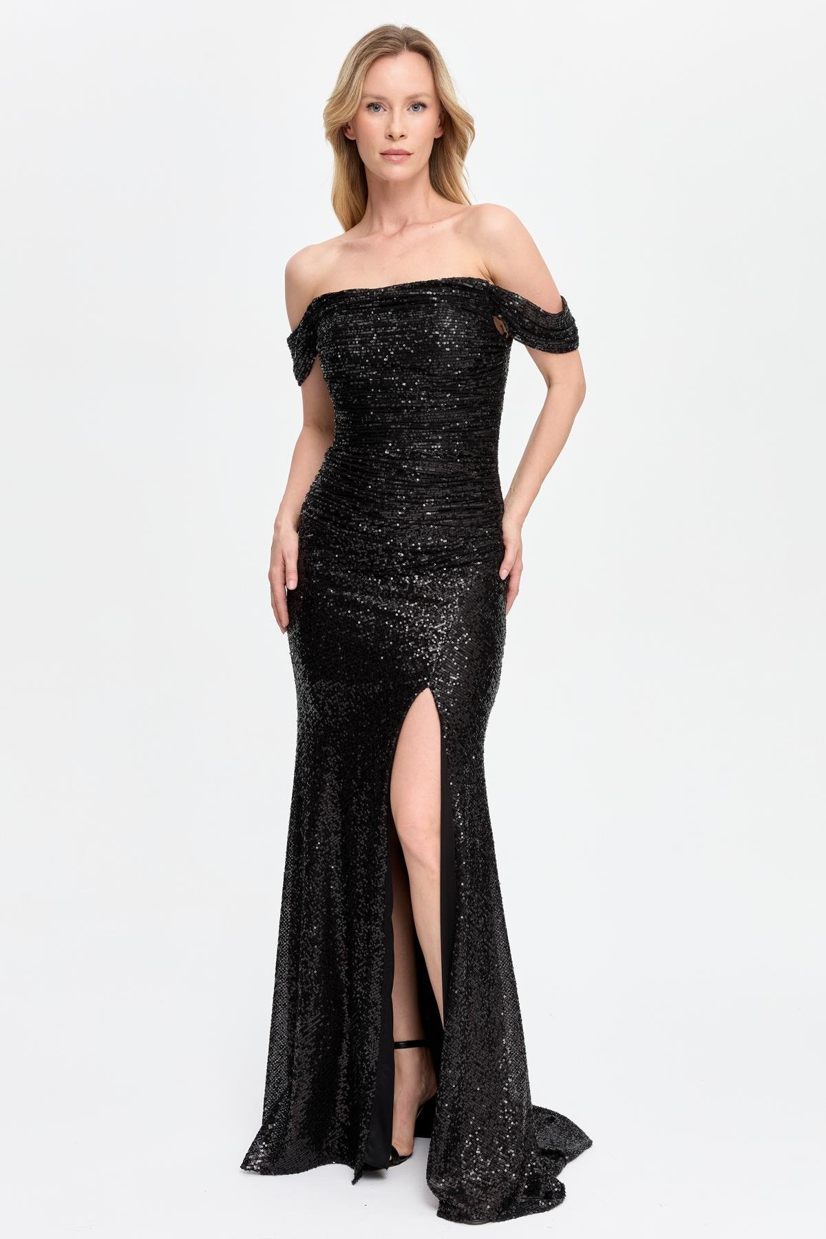 Drape ve Payet Detaylı Uzun Abiye - SİYAH