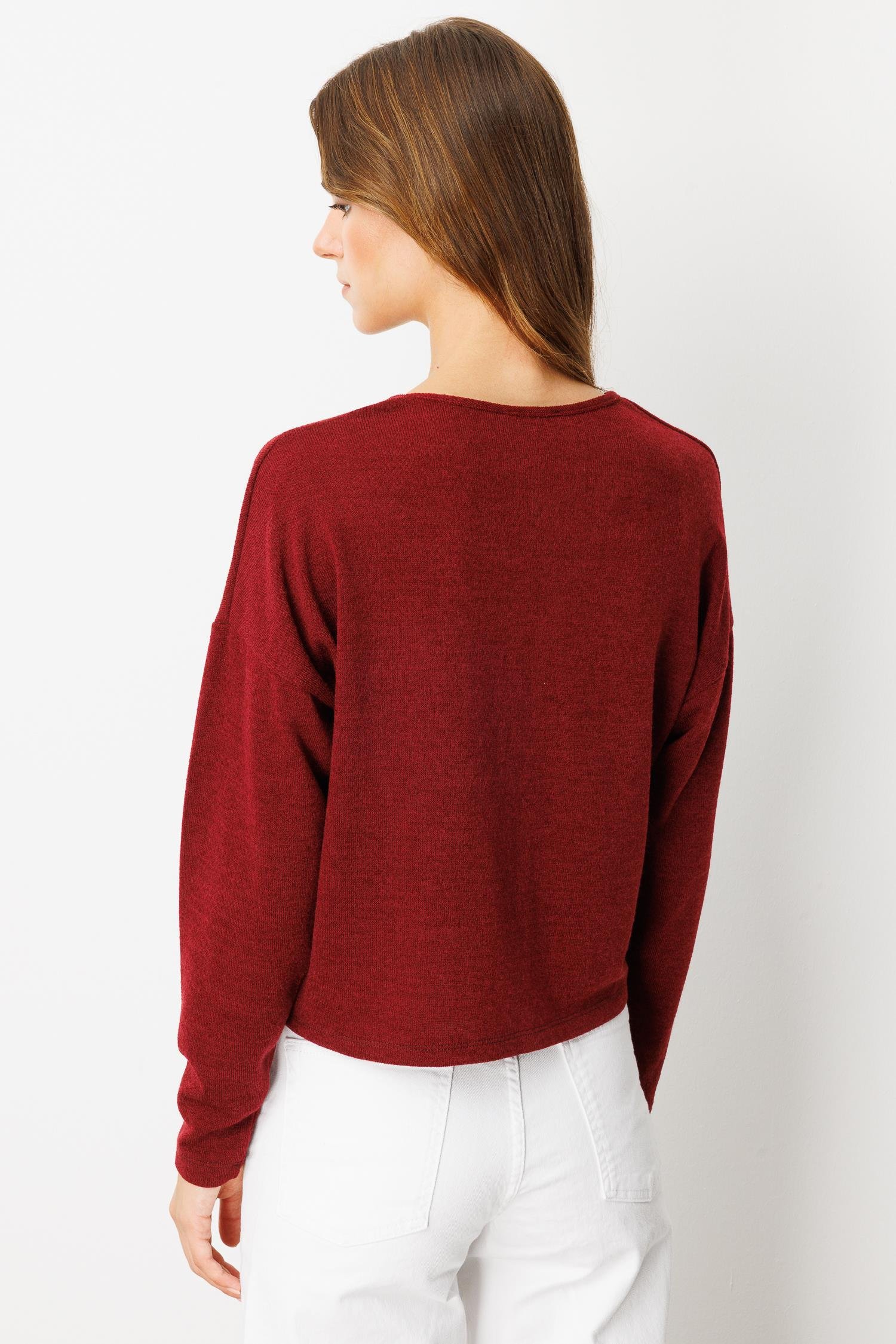 Drapeli V Yaka Dokuma Bluz-BORDO