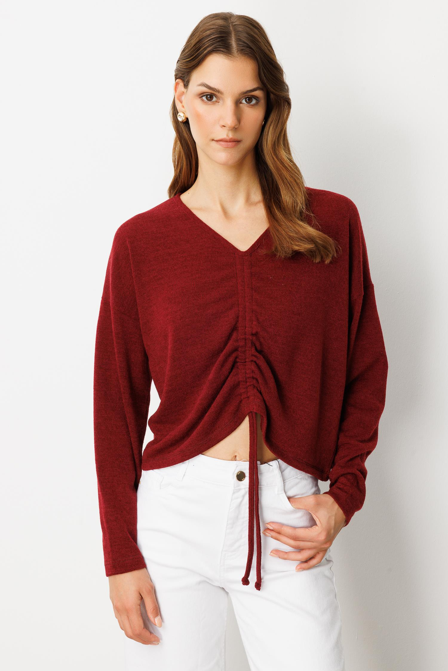 Drapeli V Yaka Dokuma Bluz-BORDO