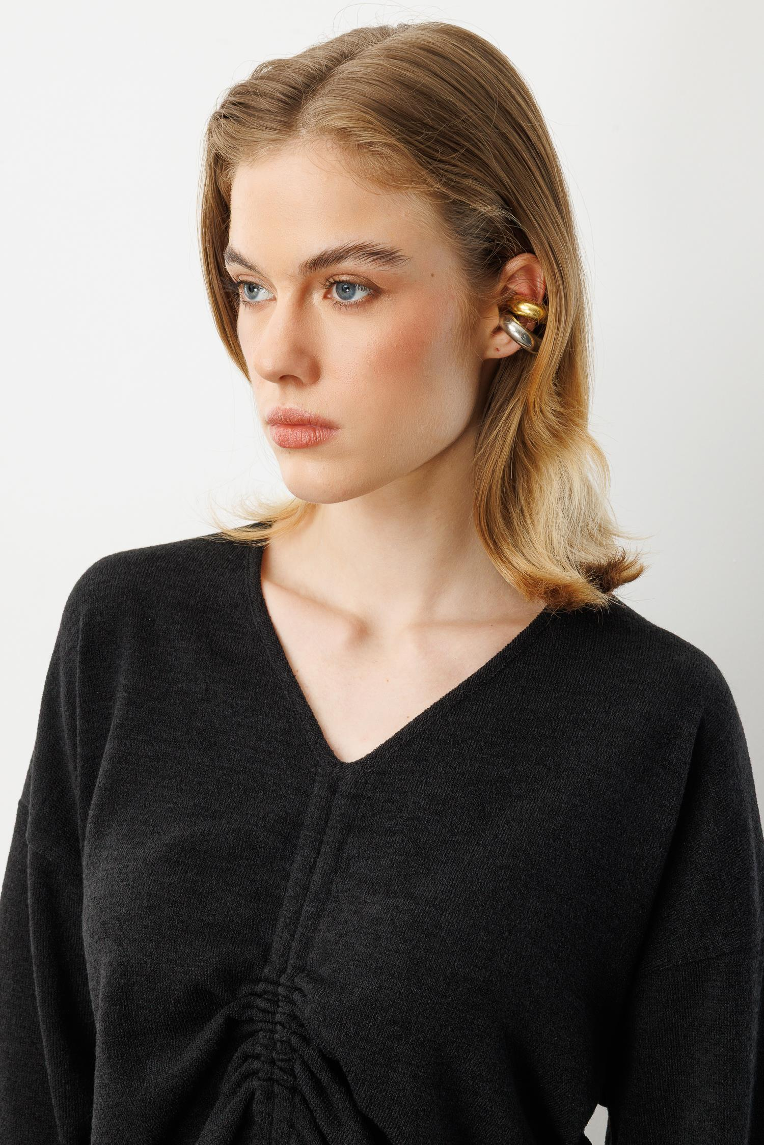 Drapeli V Yaka Dokuma Bluz-SİYAH