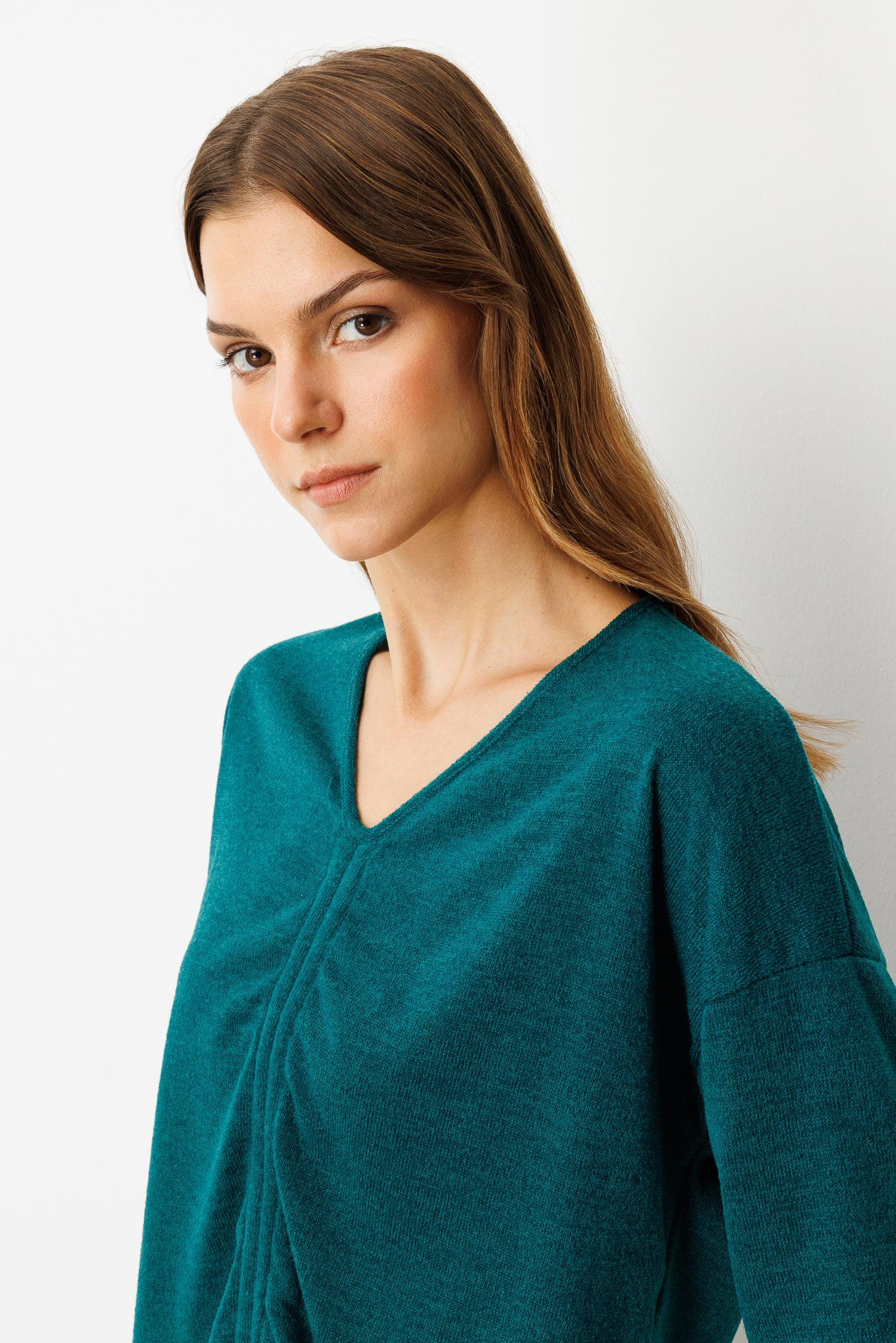 Drapeli V Yaka Dokuma Bluz-YEŞİL