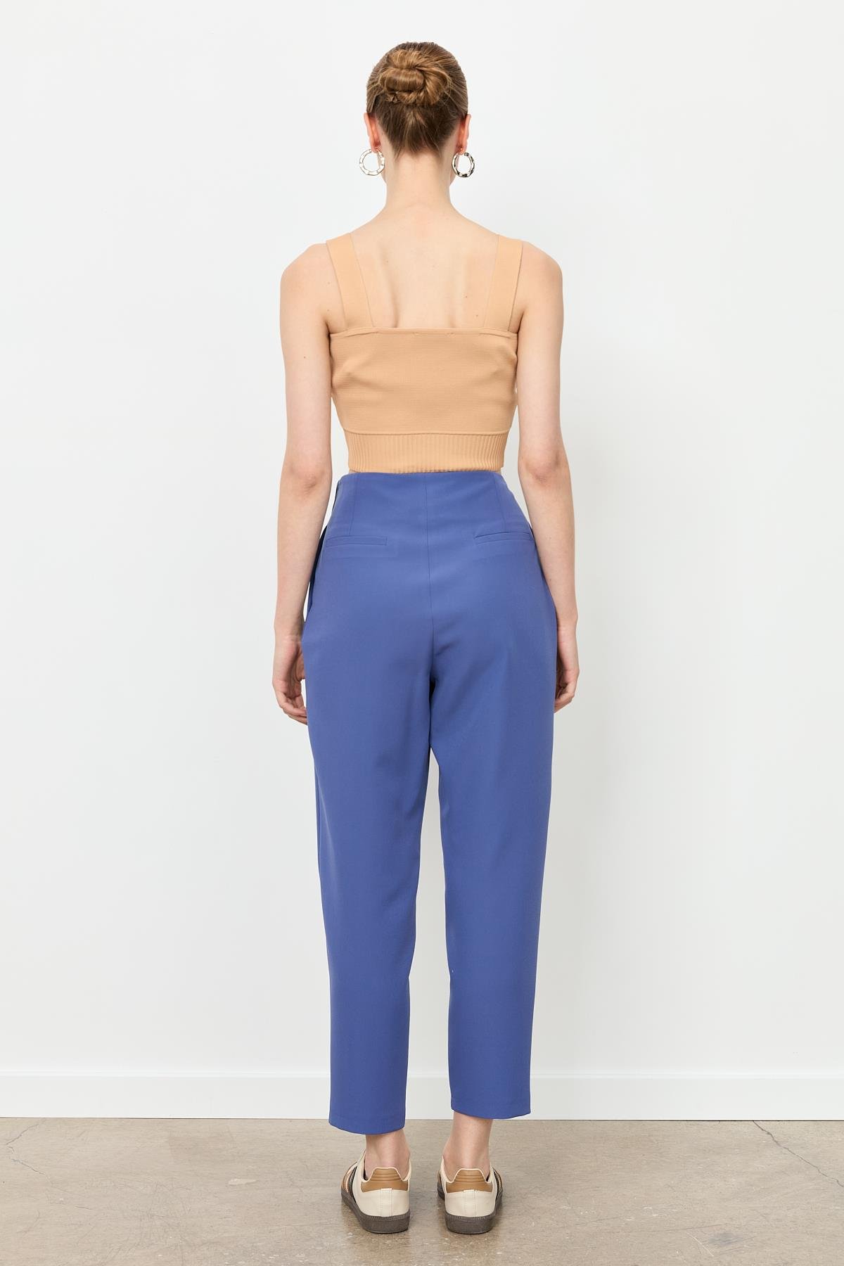 Düğme Deatylı Yüksek Bel Pantolon-İNDİGO