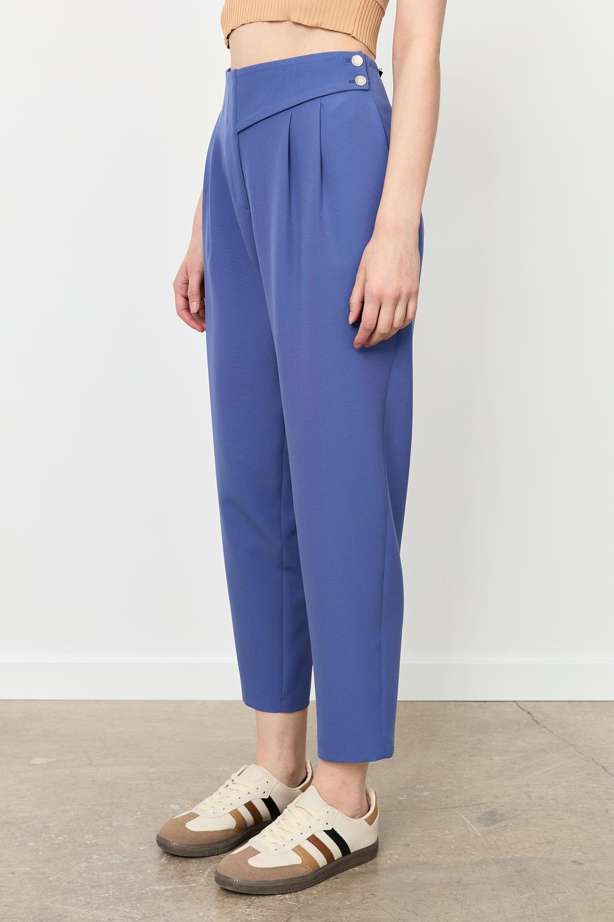 Düğme Deatylı Yüksek Bel Pantolon-İNDİGO