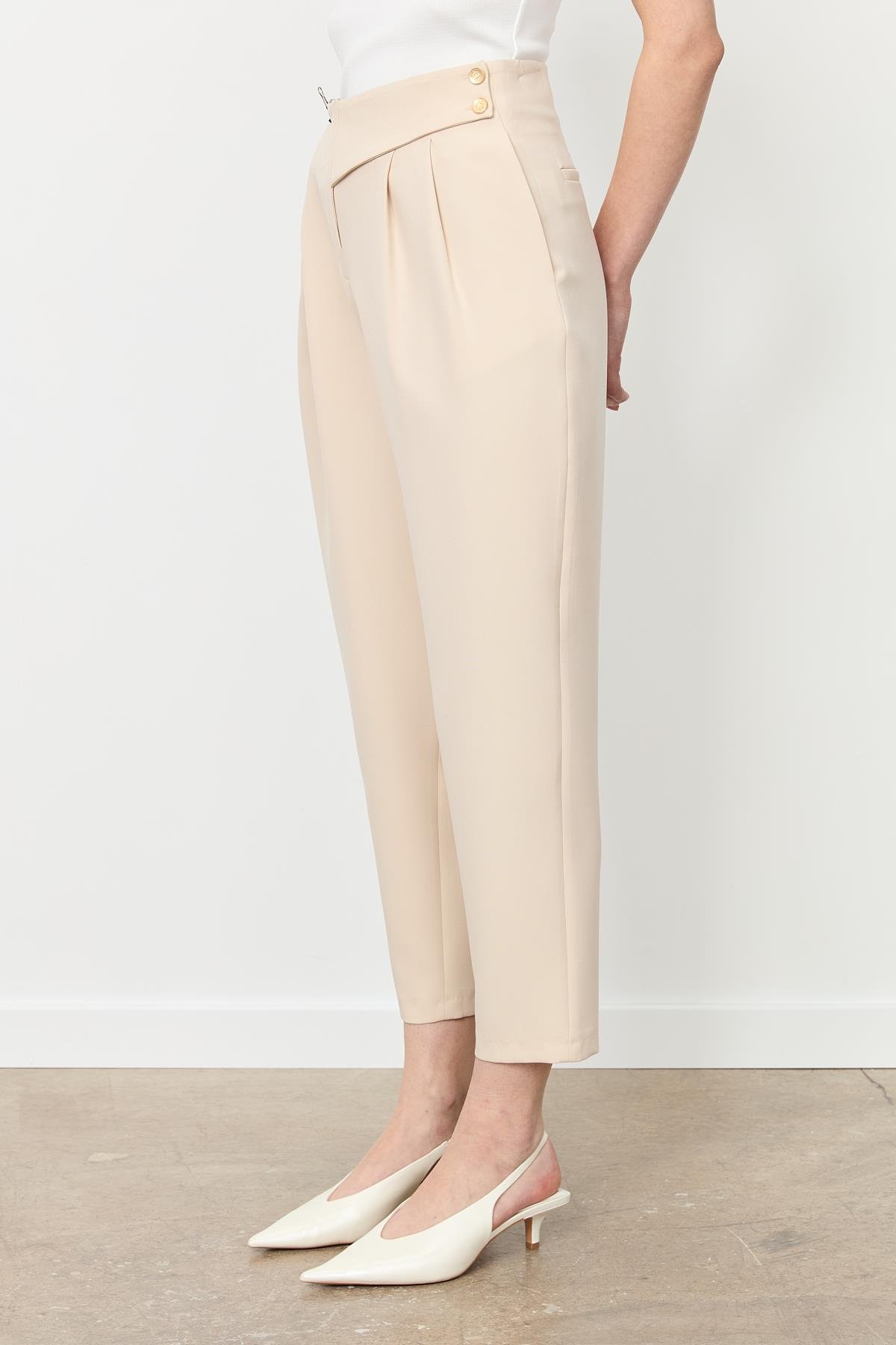 Düğme Deatylı Yüksek Bel Pantolon-TAŞ