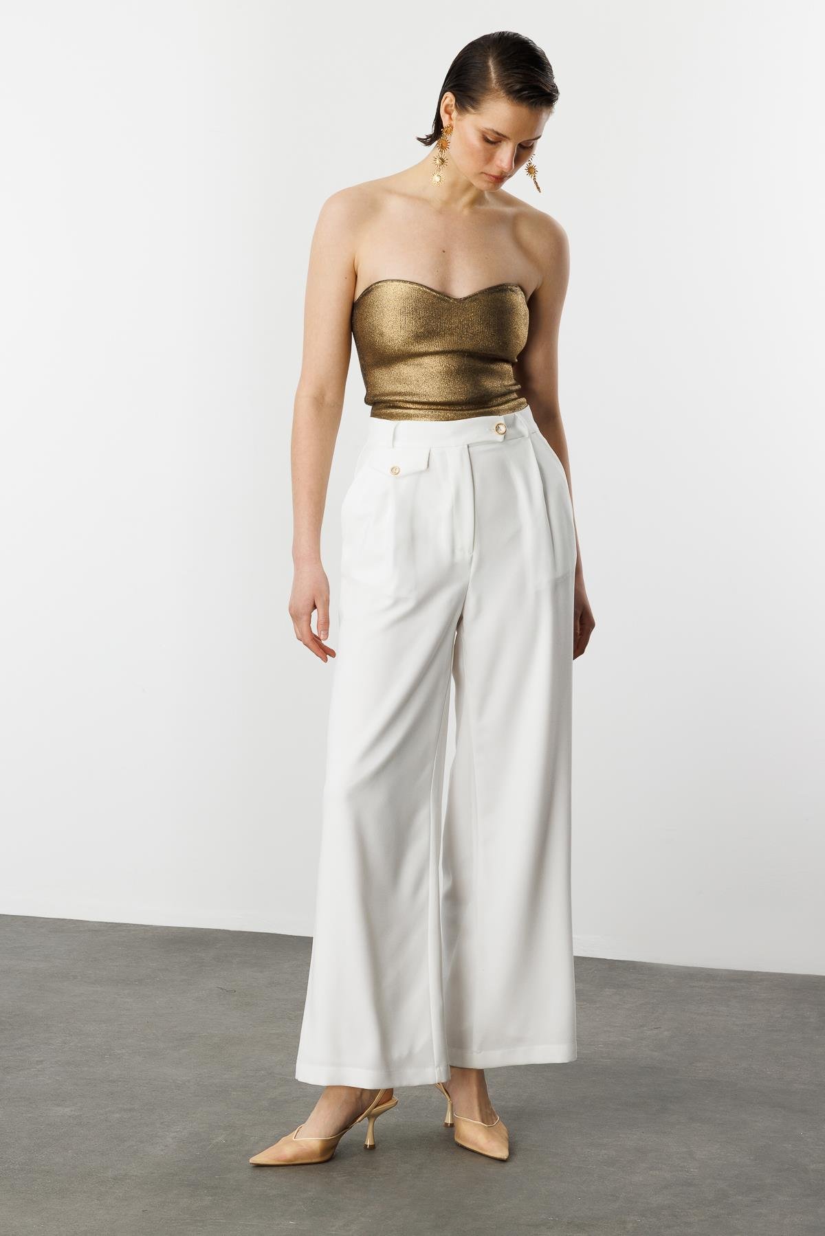 Düğme Detay Bol Pantolon-KEMIK