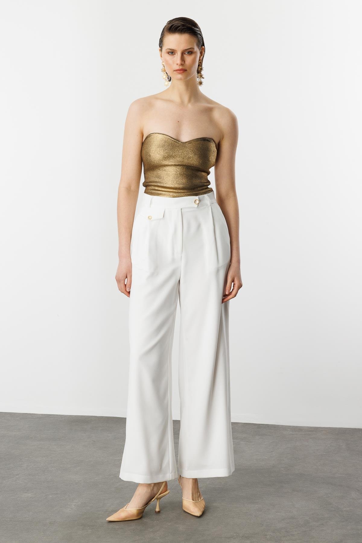 Düğme Detay Bol Pantolon-KEMIK