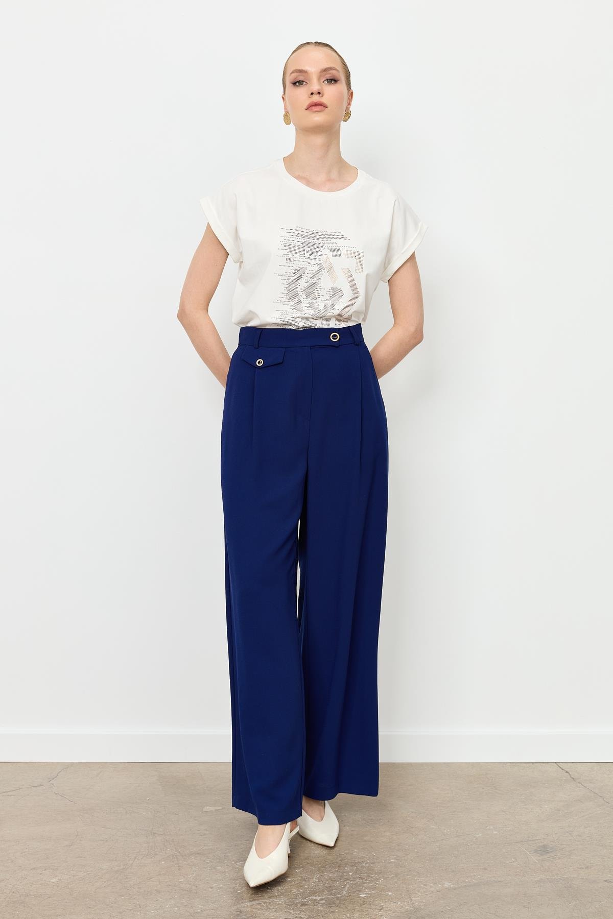 Düğme Detay Bol Pantolon-LACI