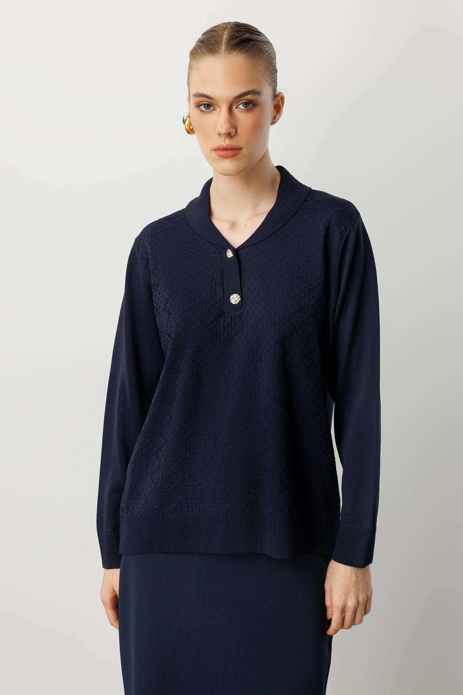 Düğme Detay Desenli Triko Kazak-LACI