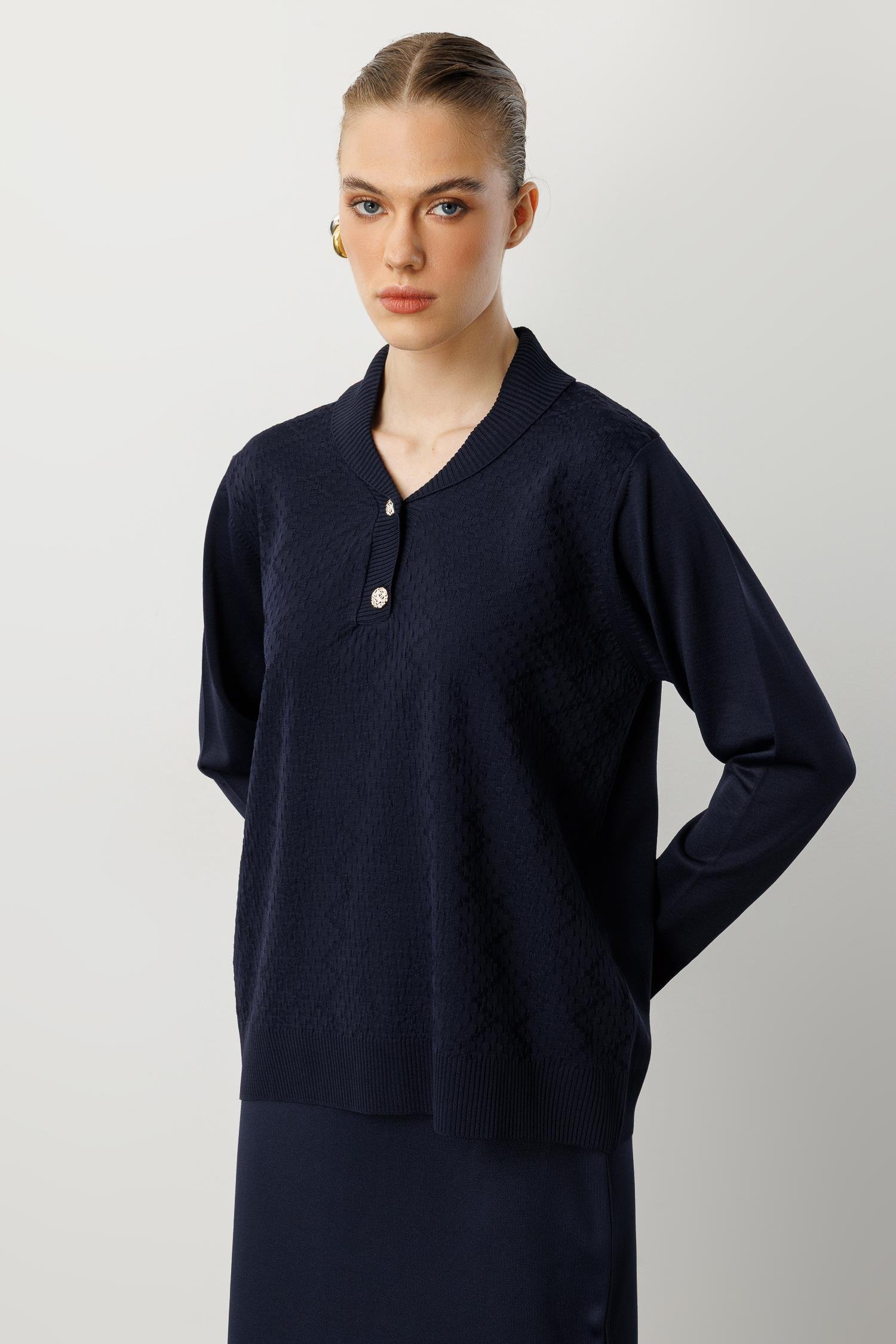 Düğme Detay Desenli Triko Kazak-LACI