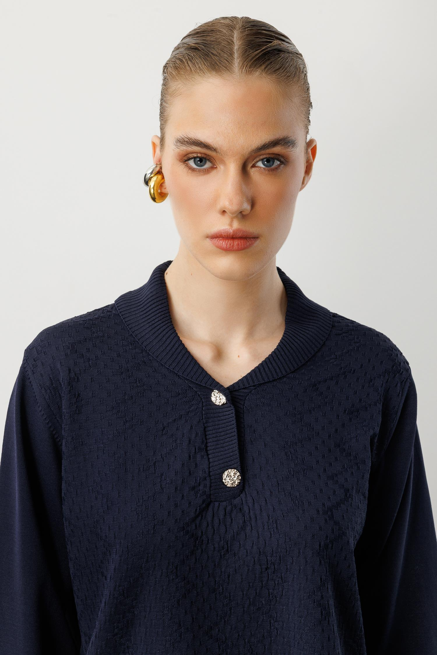 Düğme Detay Desenli Triko Kazak-LACI