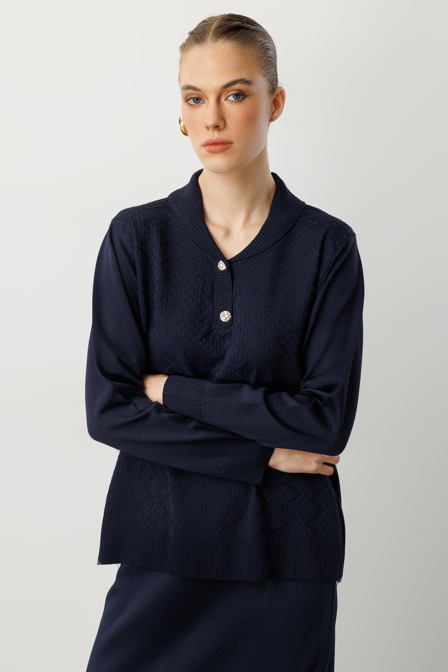 Düğme Detay Desenli Triko Kazak-LACI