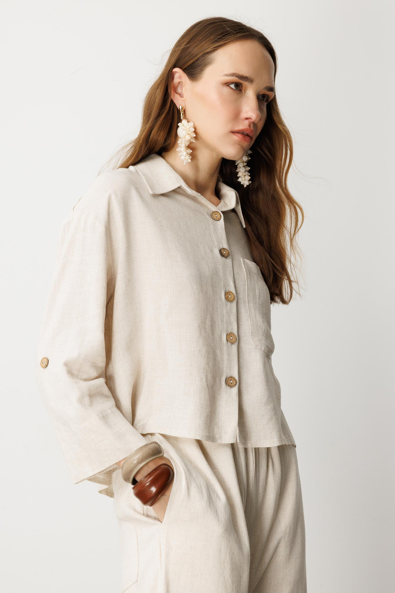 Düğme Detay Keten Görünümlü Gömlek-TAŞ