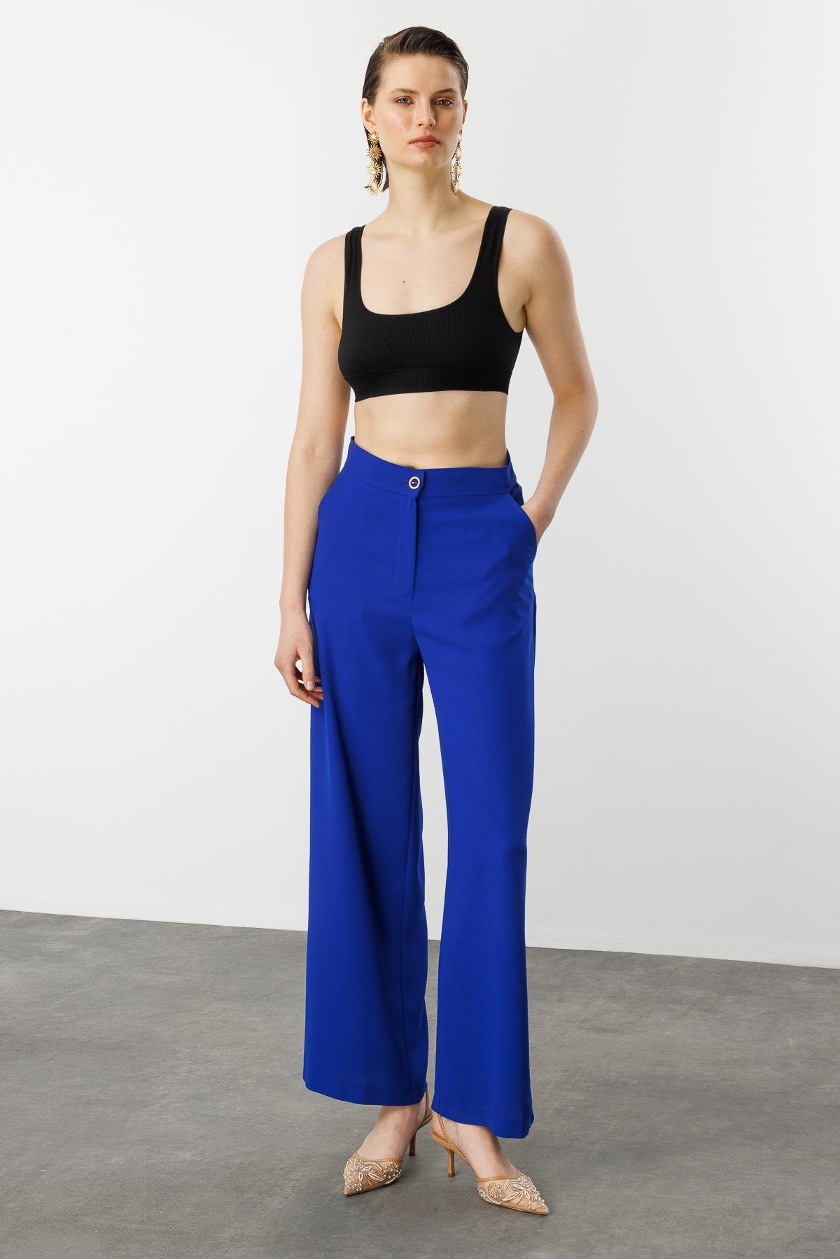 Düğme Detay Krep Pantolon-SAX