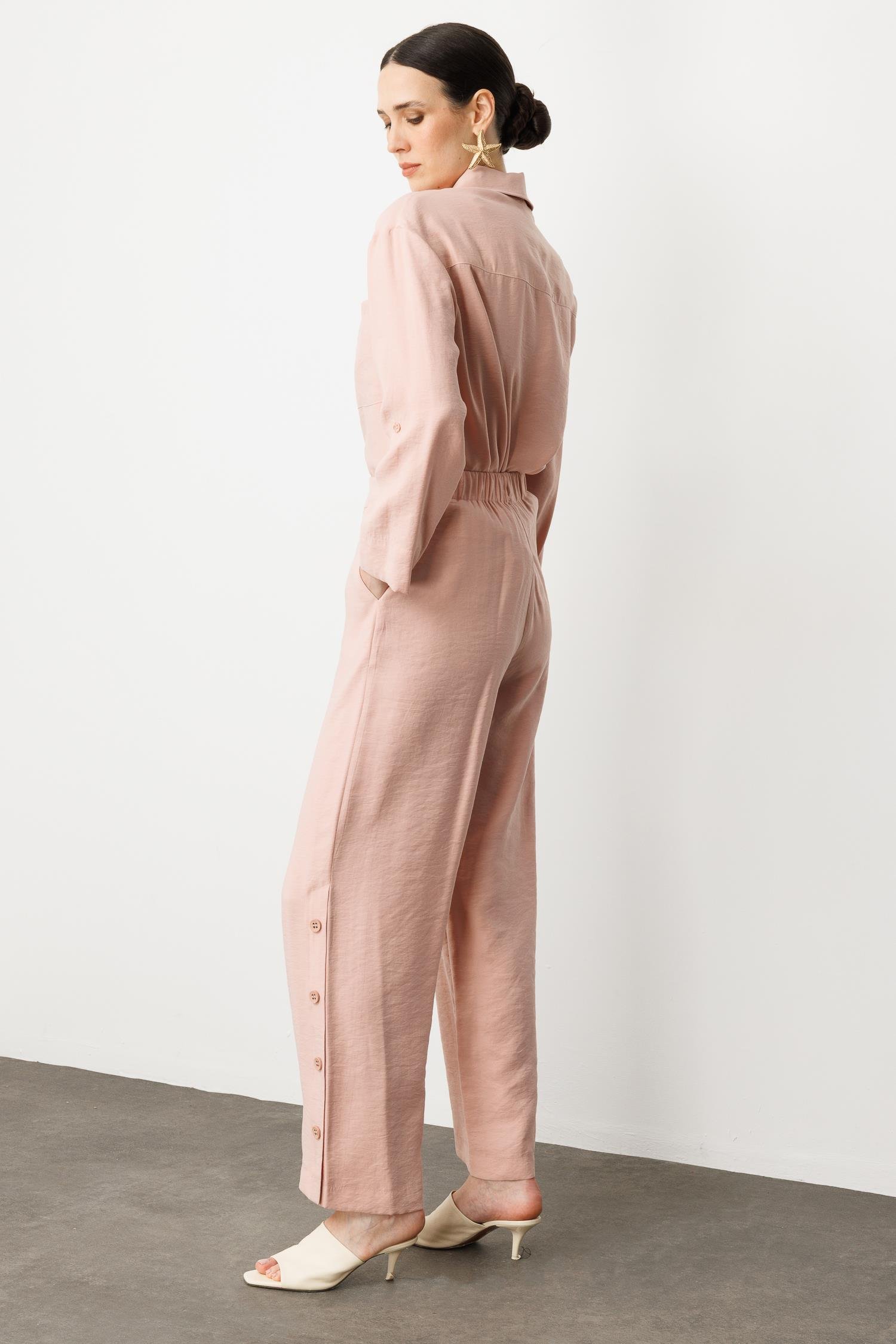 Düğme Detaylı Bol Paça Pantolon-PUDRA