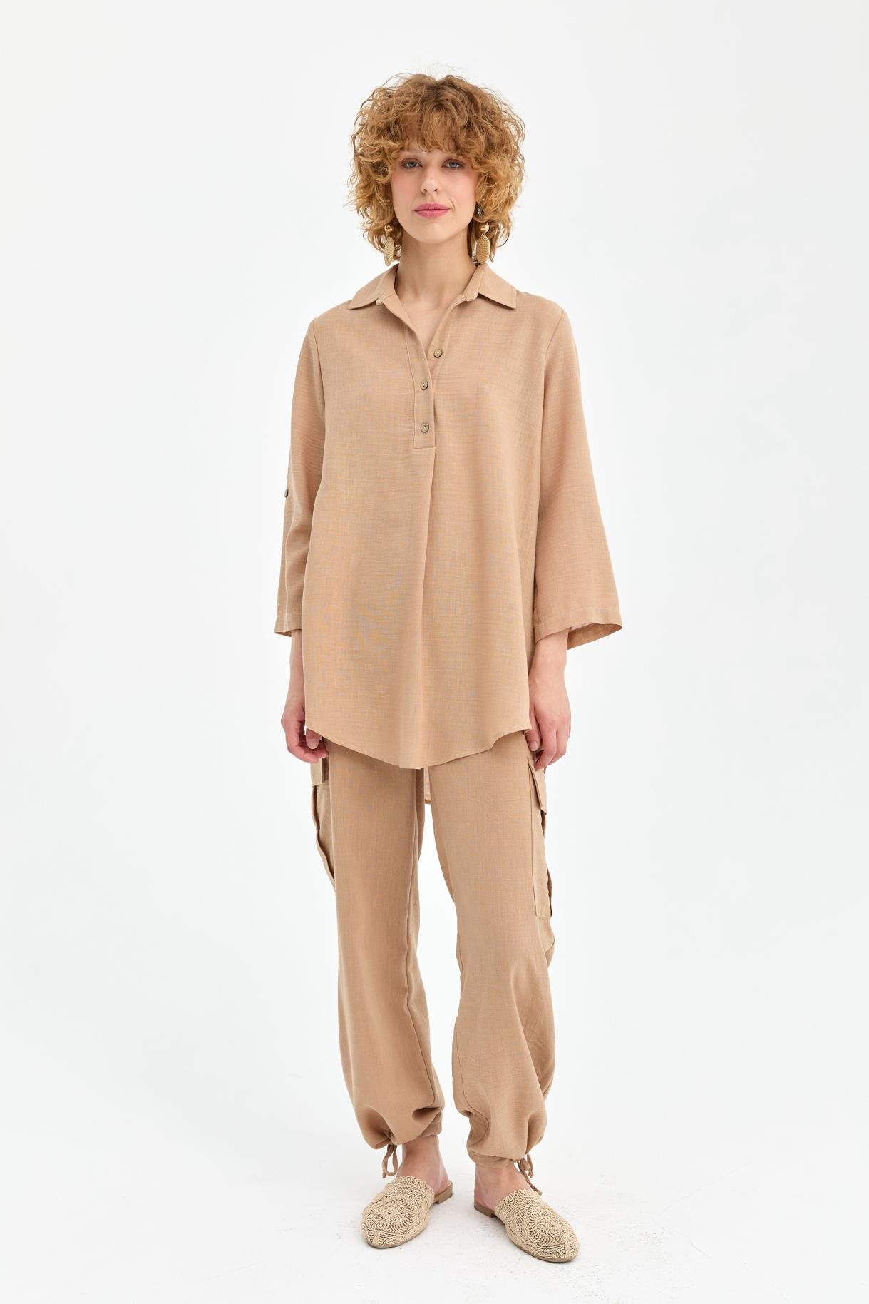 Düğme Detaylı Keten Tunik - CAMEL