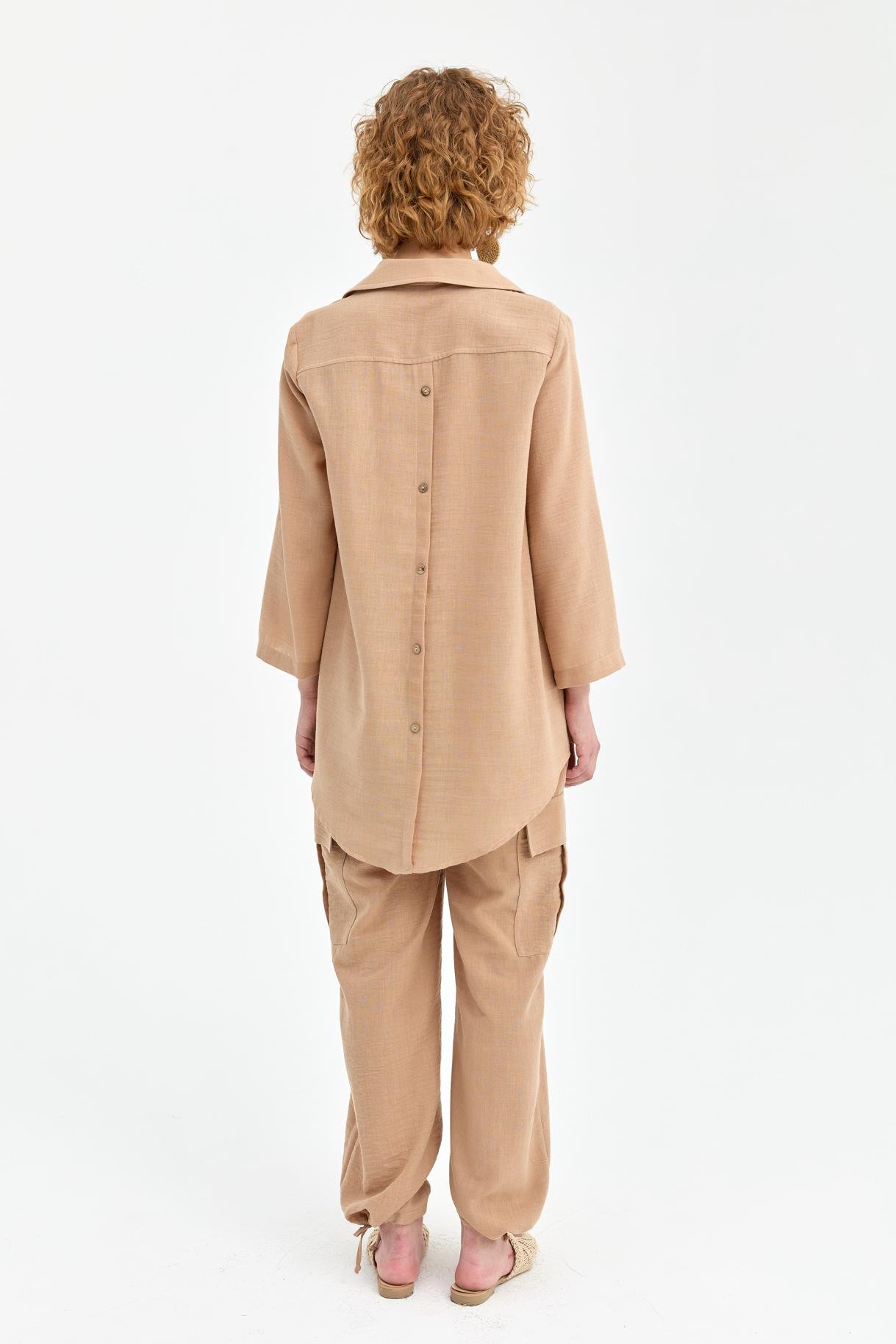 Düğme Detaylı Keten Tunik - CAMEL