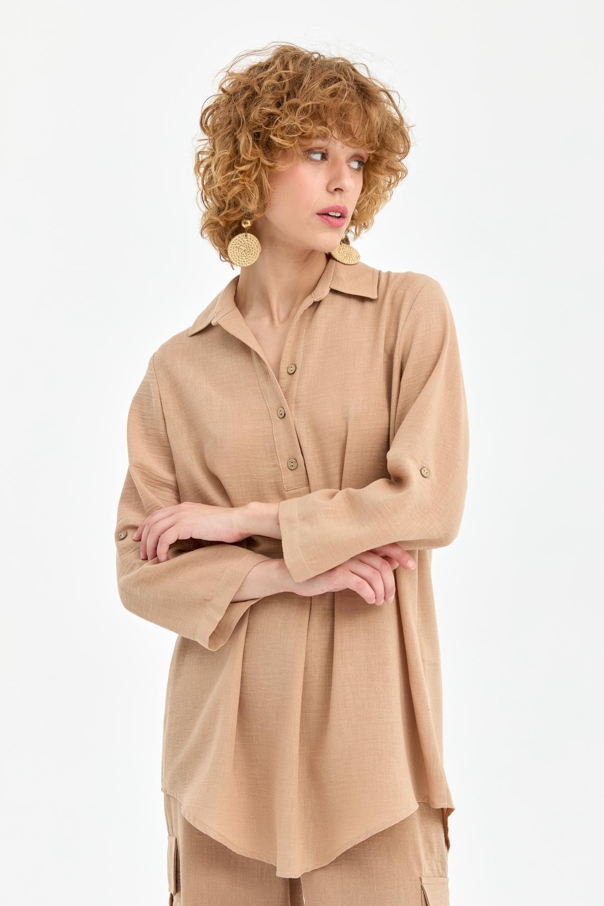 Düğme Detaylı Keten Tunik - CAMEL