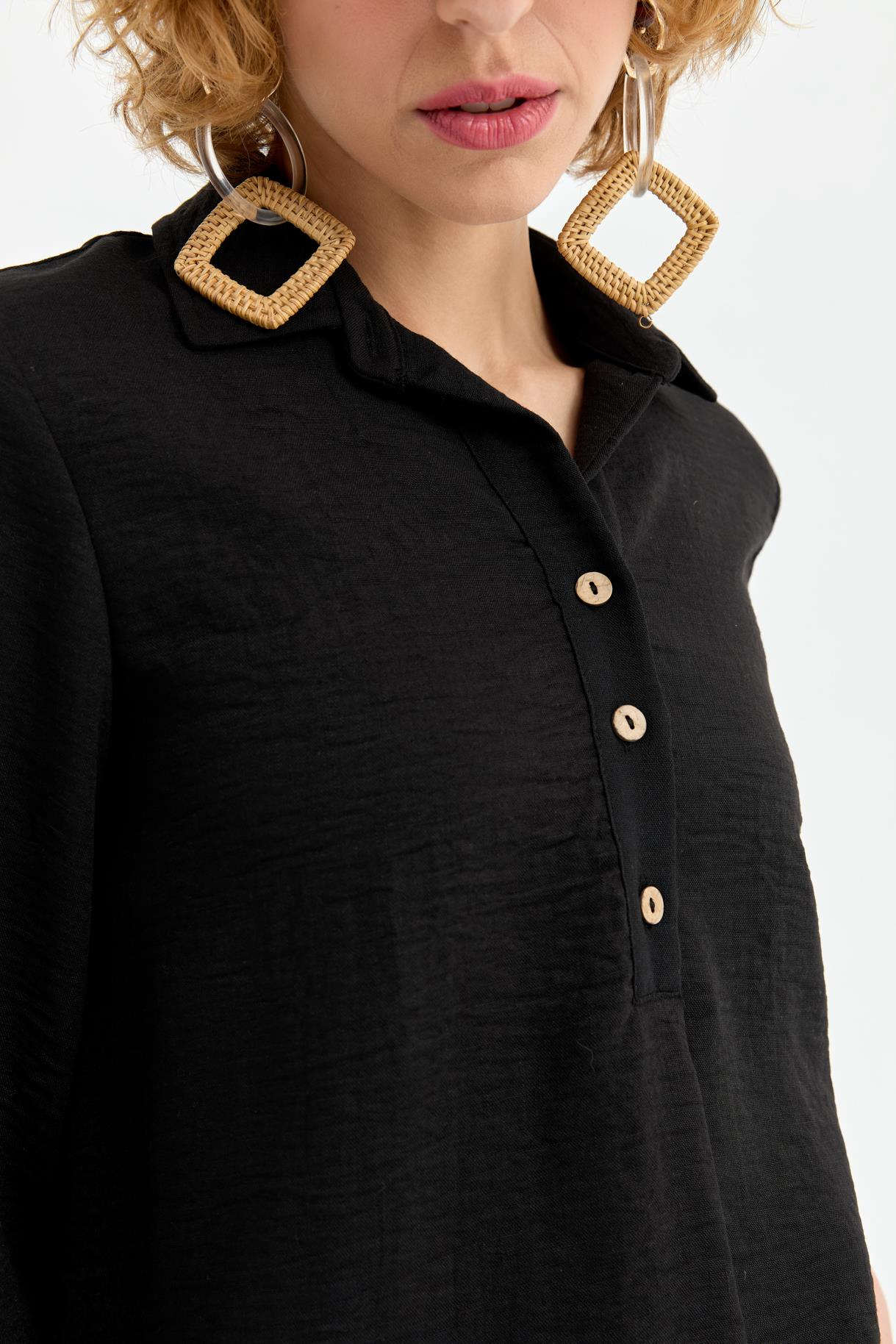 Düğme Detaylı Keten Tunik - SİYAH