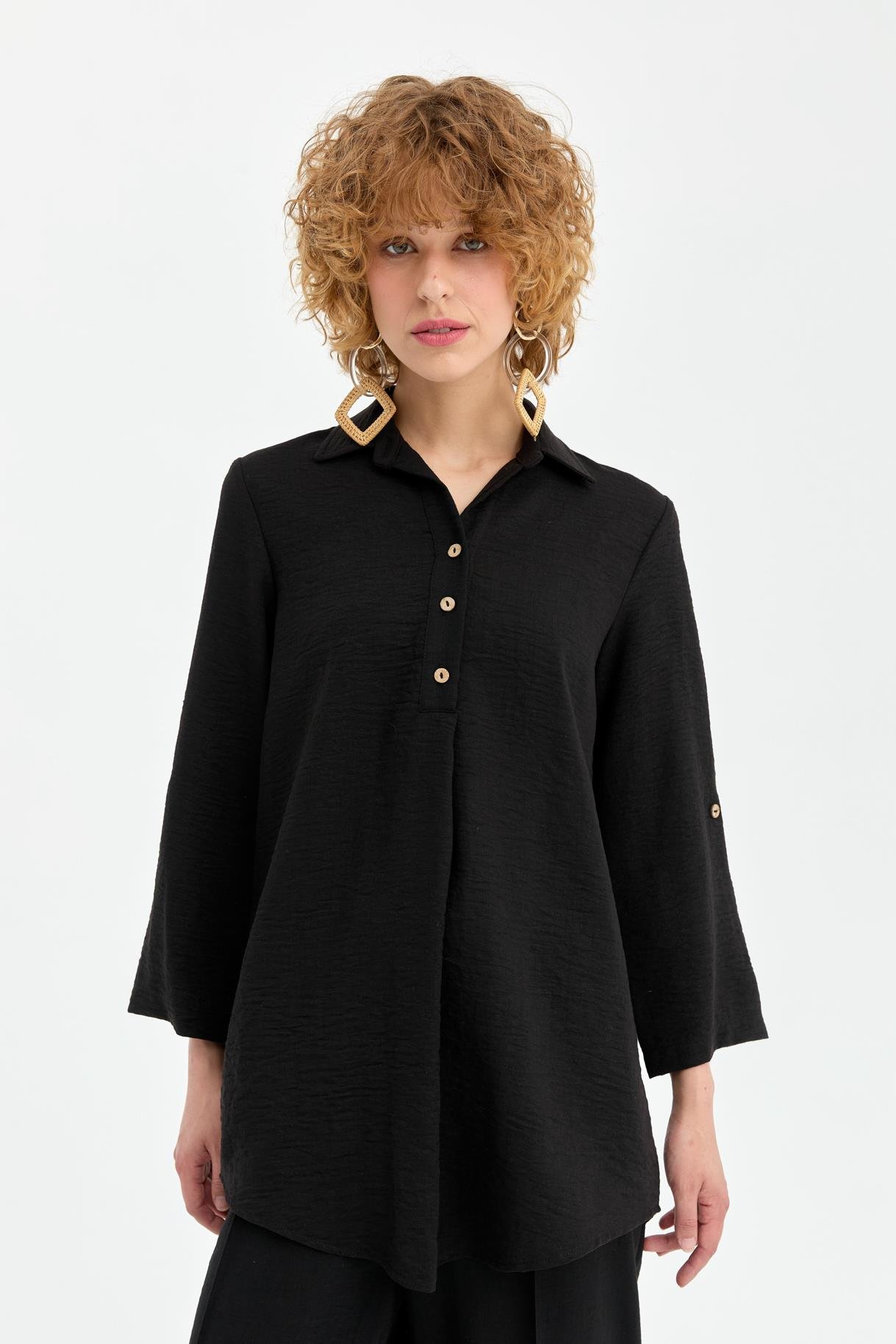 Düğme Detaylı Keten Tunik - SİYAH