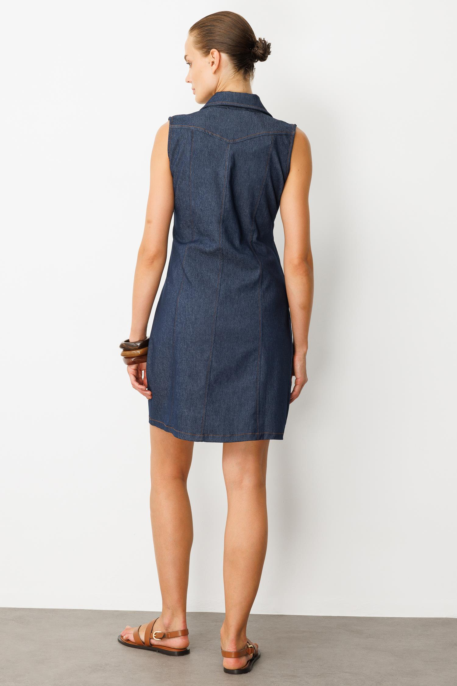 Düğme Detaylı Kot Elbise-MAVİ