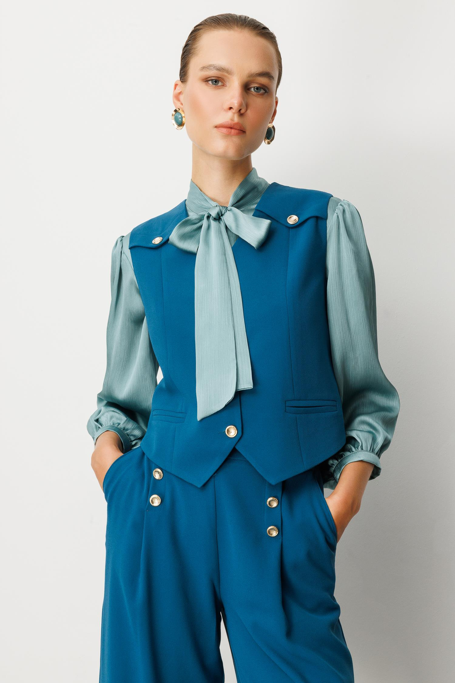 Düğme Detaylı Krep Kumaş Yelek-PETROL