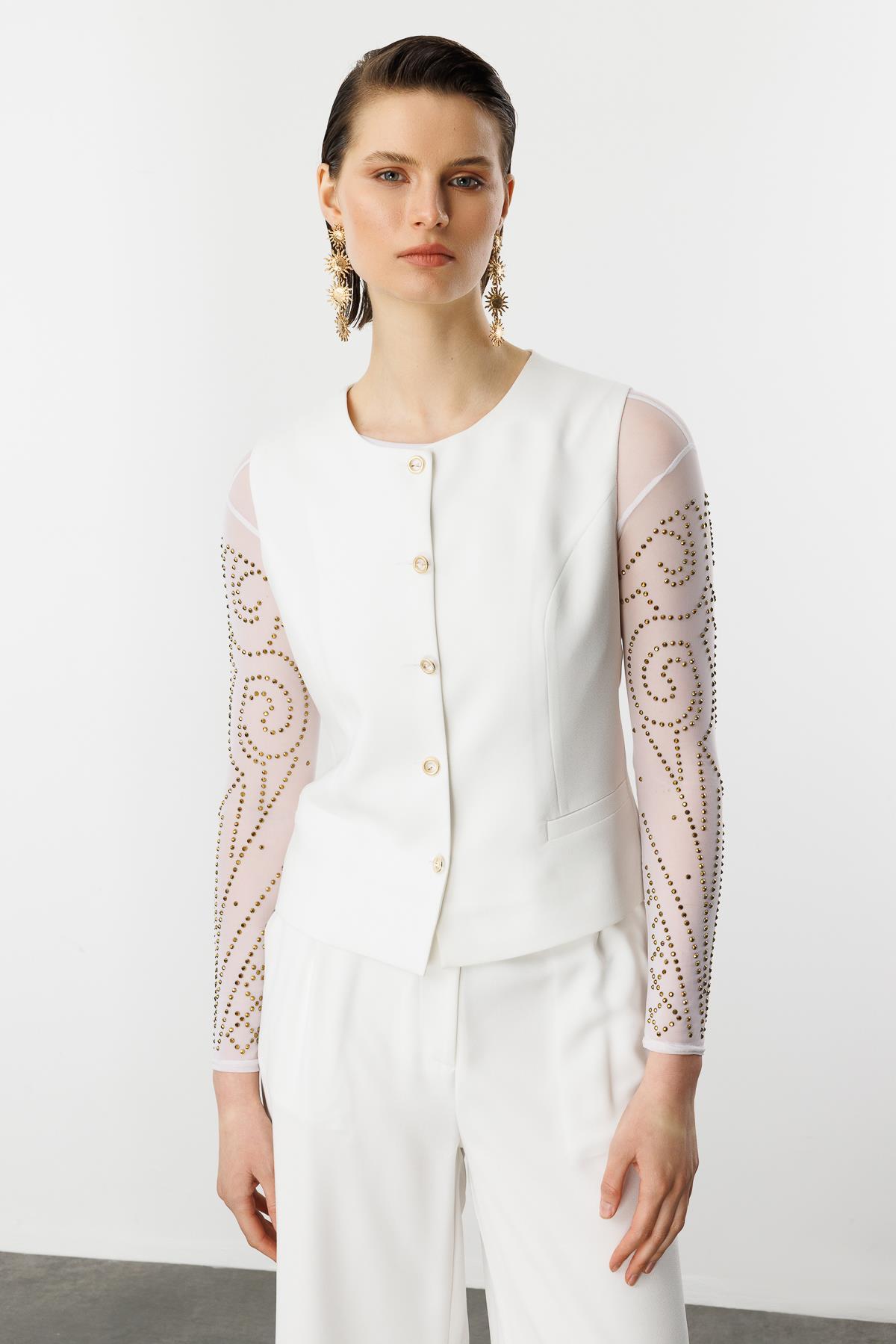 Düğme Detaylı Krep Yelek-KEMIK