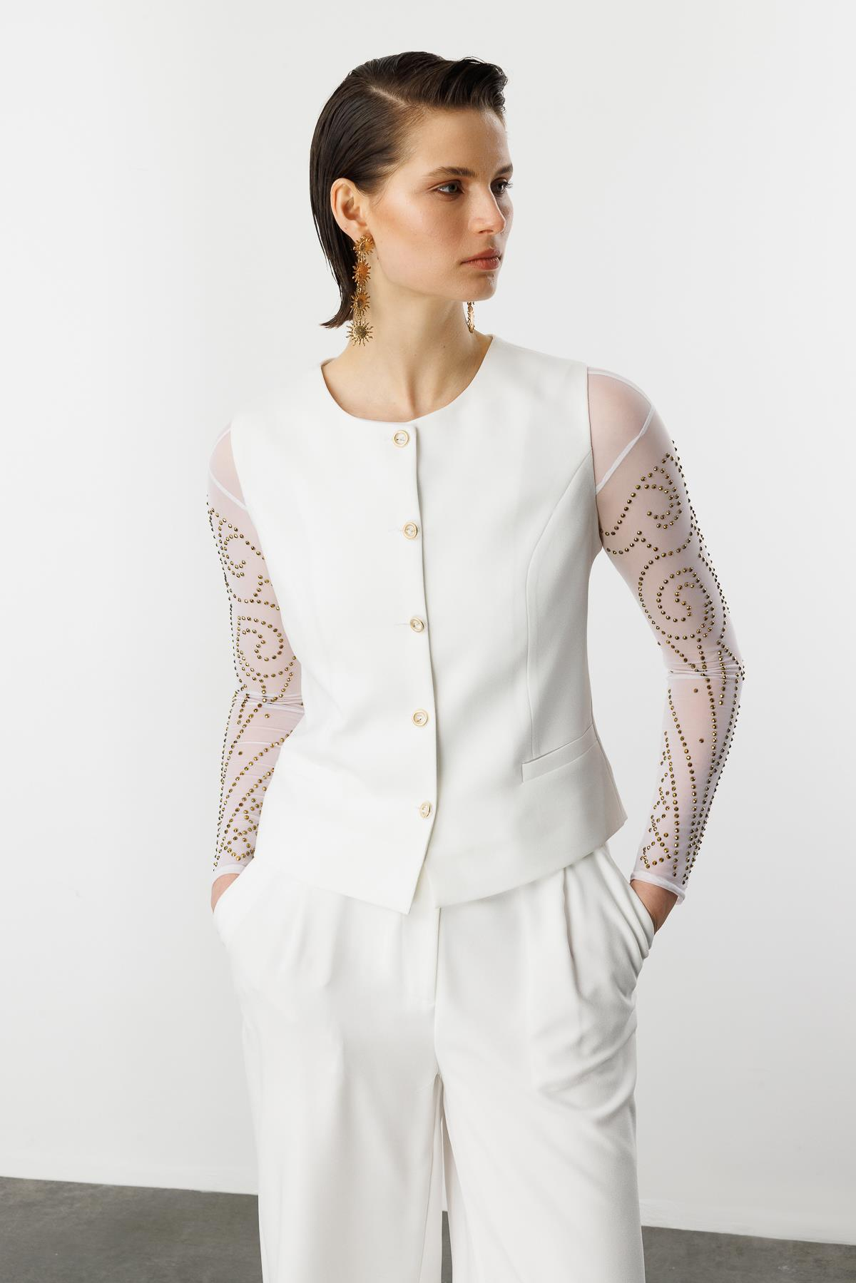 Düğme Detaylı Krep Yelek-KEMIK