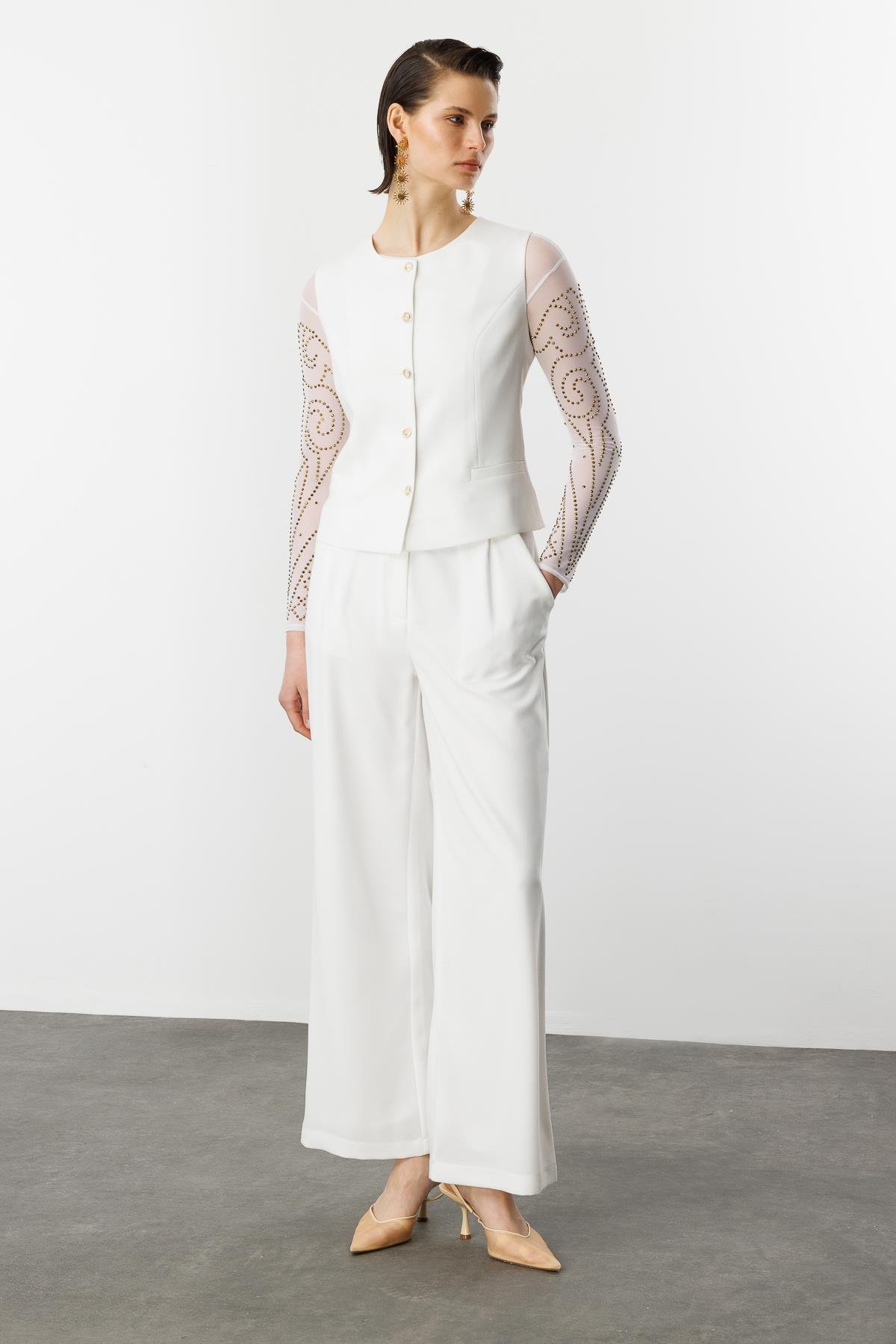 Düğme Detaylı Krep Yelek-KEMIK