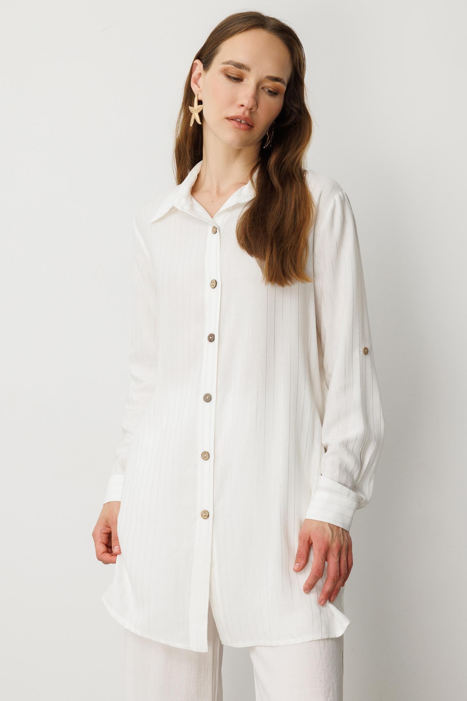 Düğme Detaylı Sim Çizgili Gömlek Tunik-KEMIK