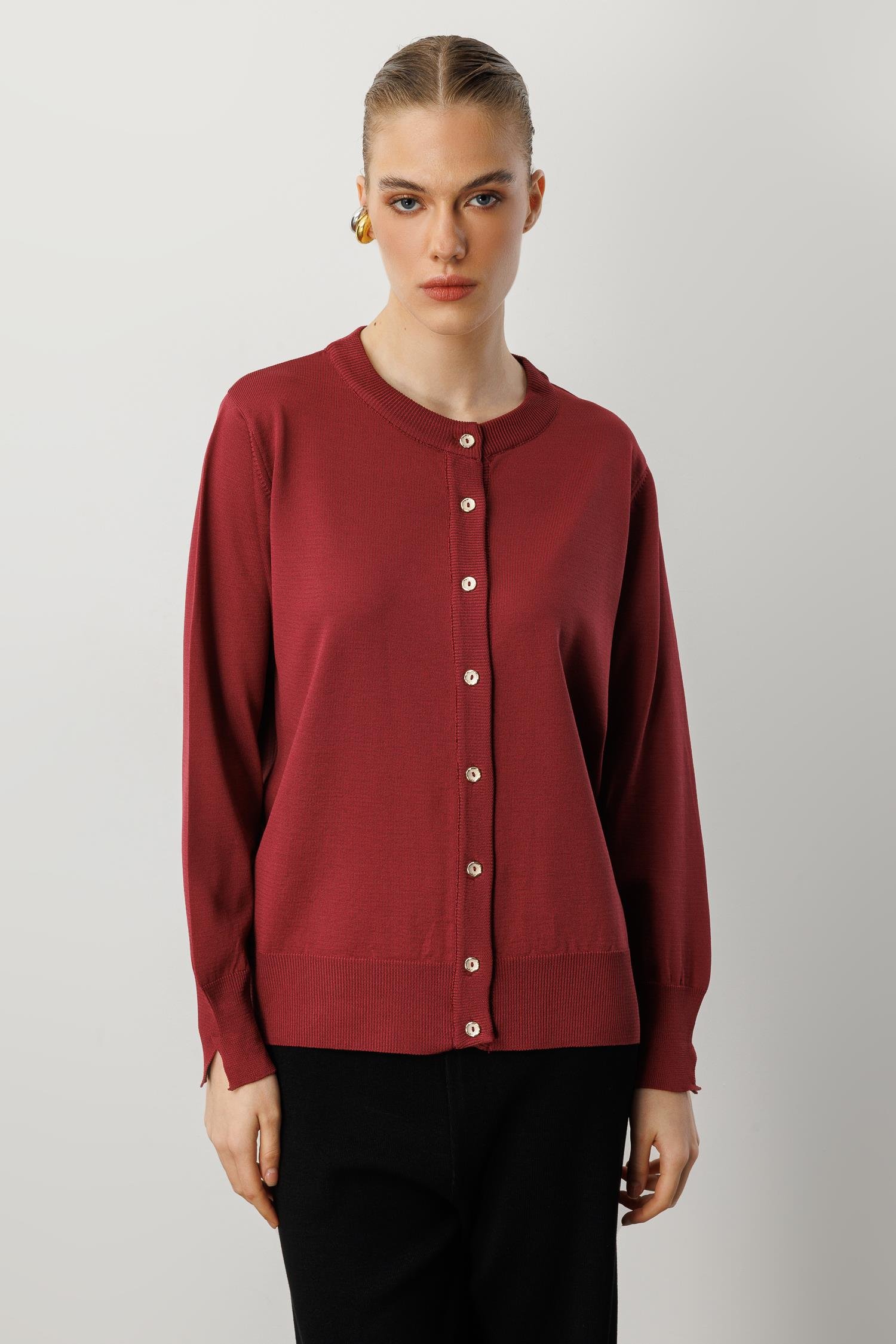 Düğmeli Basic Triko Hırka-BORDO