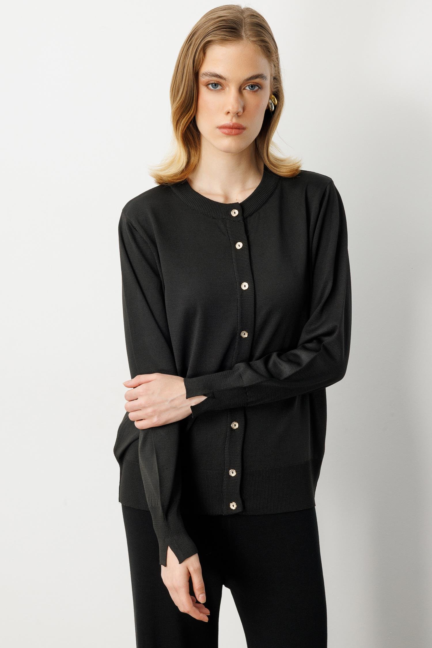 Düğmeli Basic Triko Hırka-SİYAH