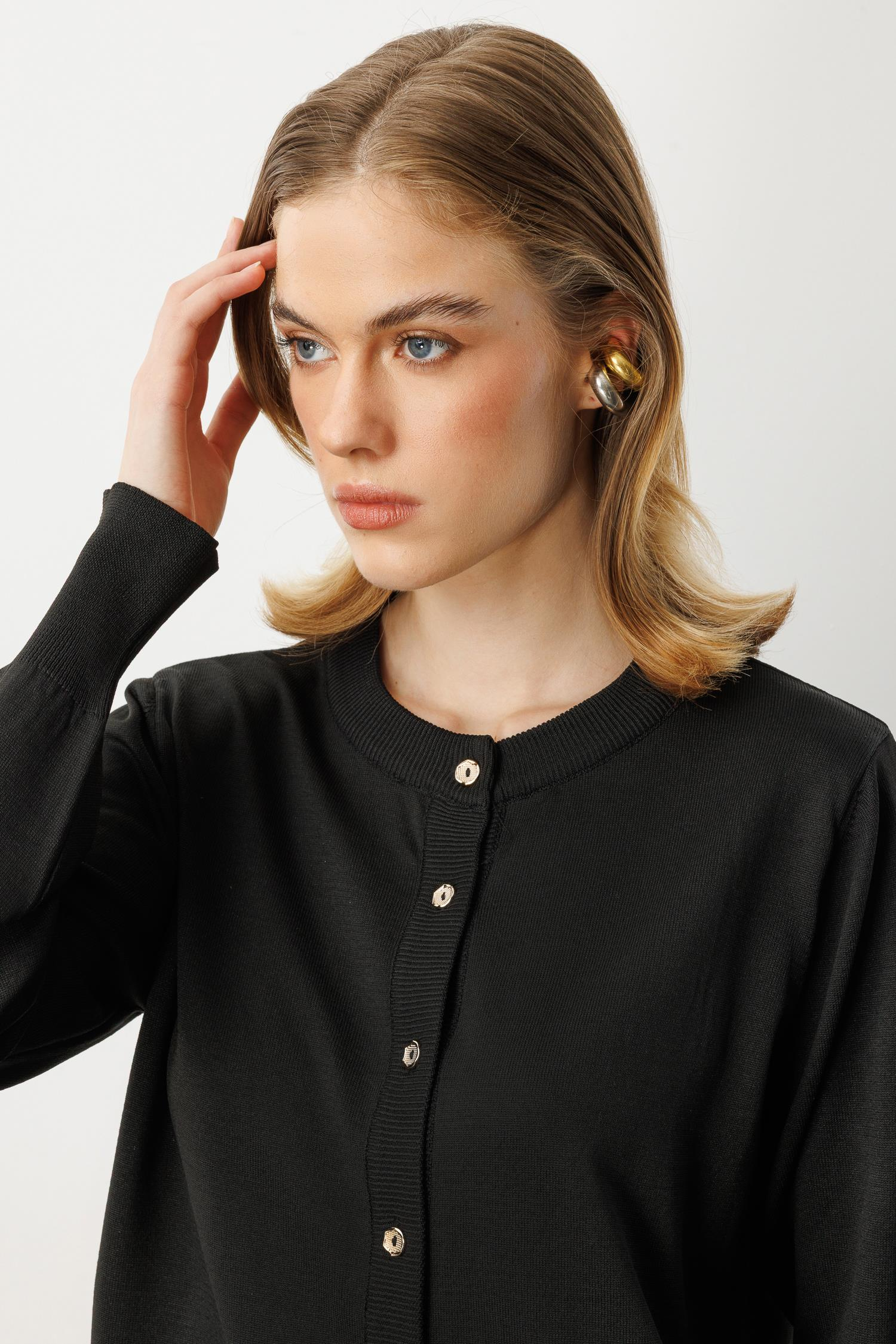 Düğmeli Basic Triko Hırka-SİYAH