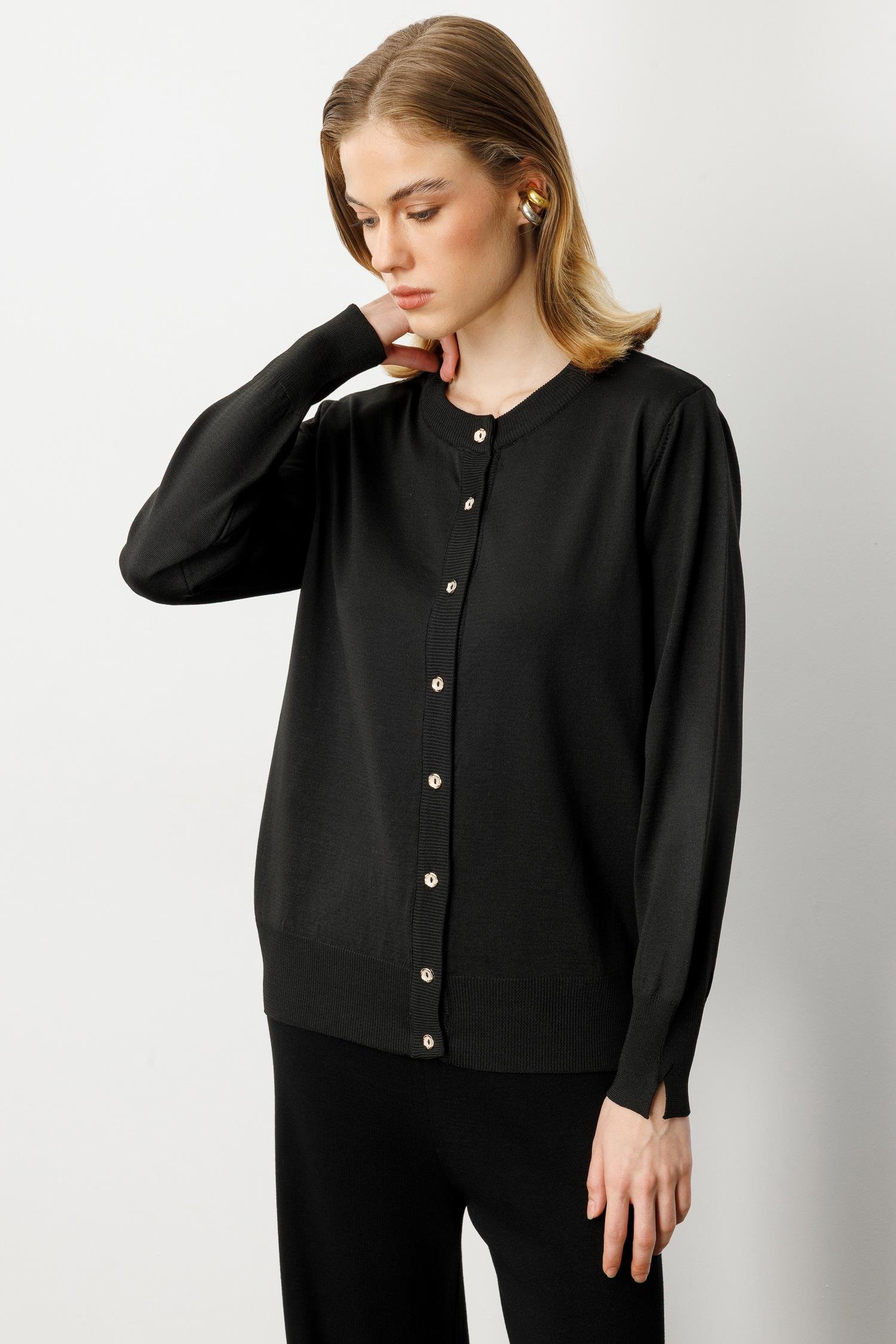 Düğmeli Basic Triko Hırka-SİYAH