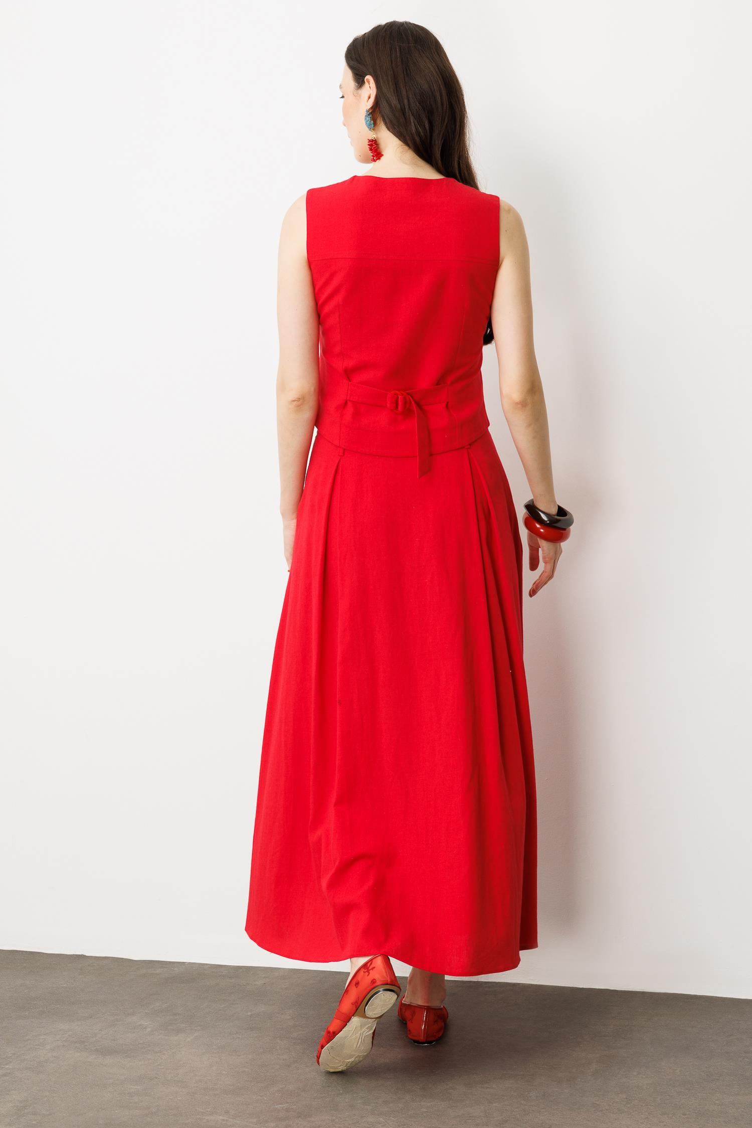 Düğmeli Kısa Keten Yelek-KIRMIZI