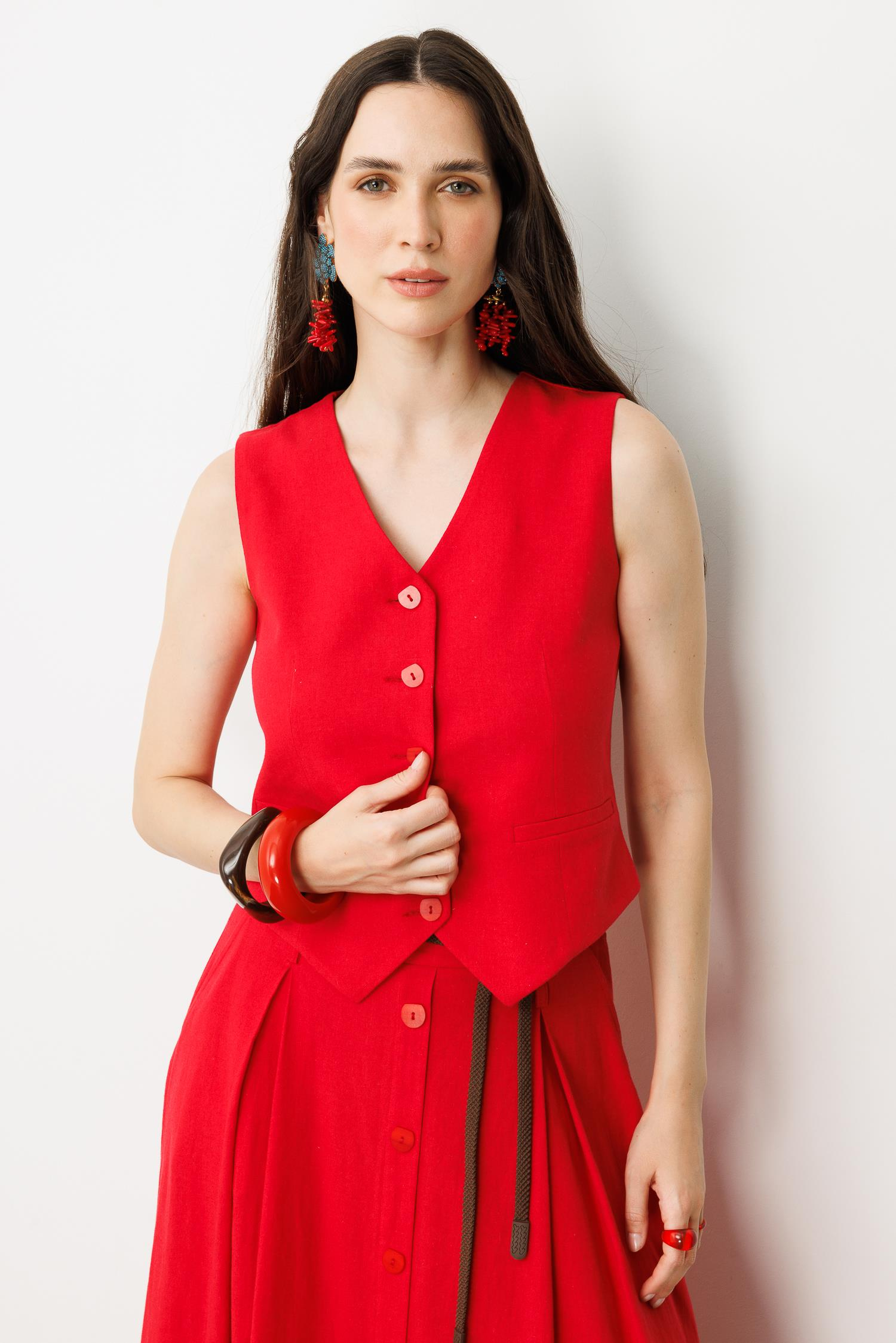 Düğmeli Kısa Keten Yelek-KIRMIZI