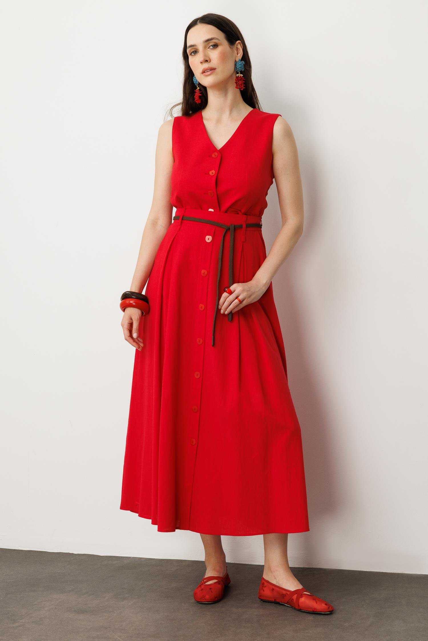 Düğmeli Uzun Keten Etek-ŞEFTALİ