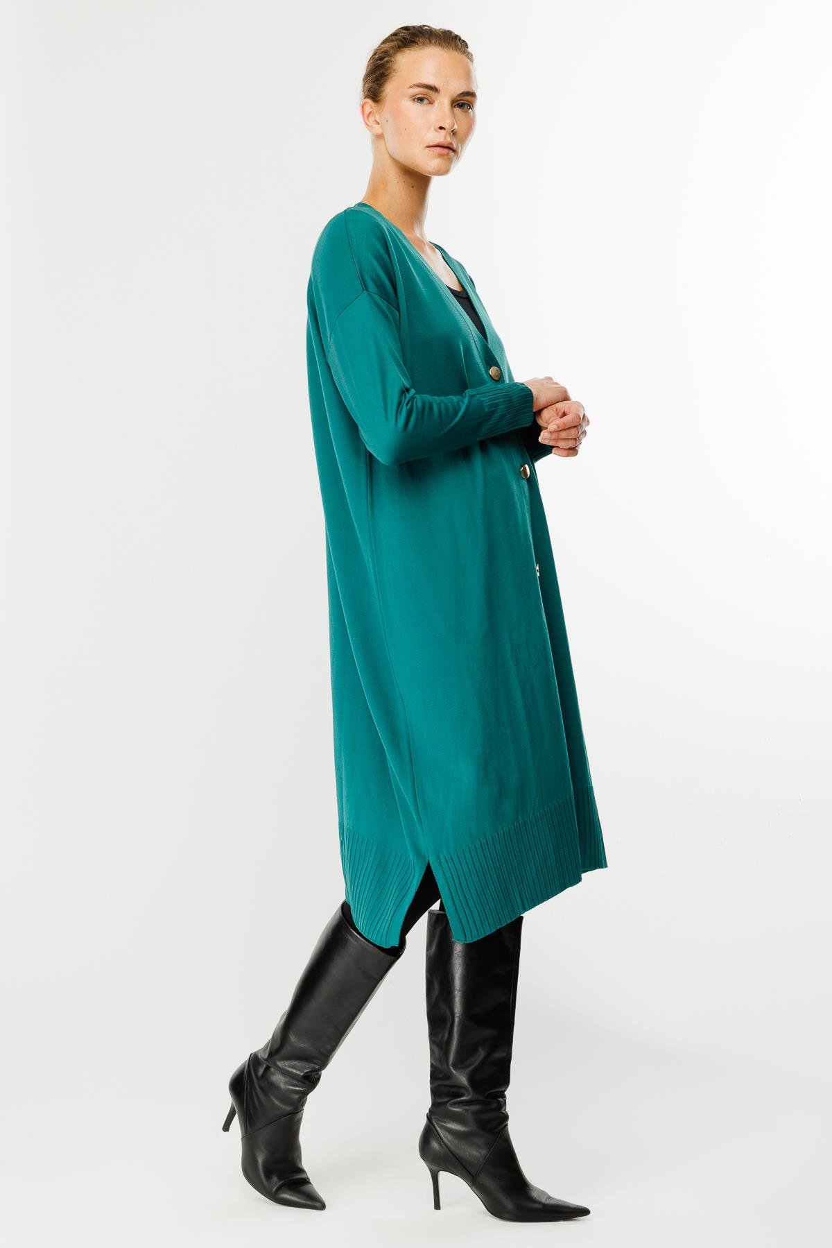 Düğmeli Uzun Triko Hırka - PETROL