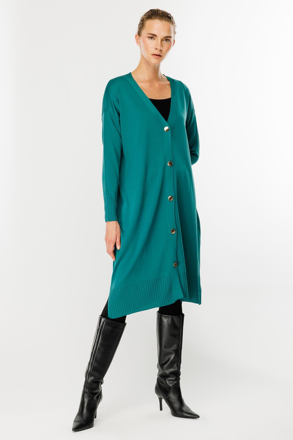 Düğmeli Uzun Triko Hırka - PETROL