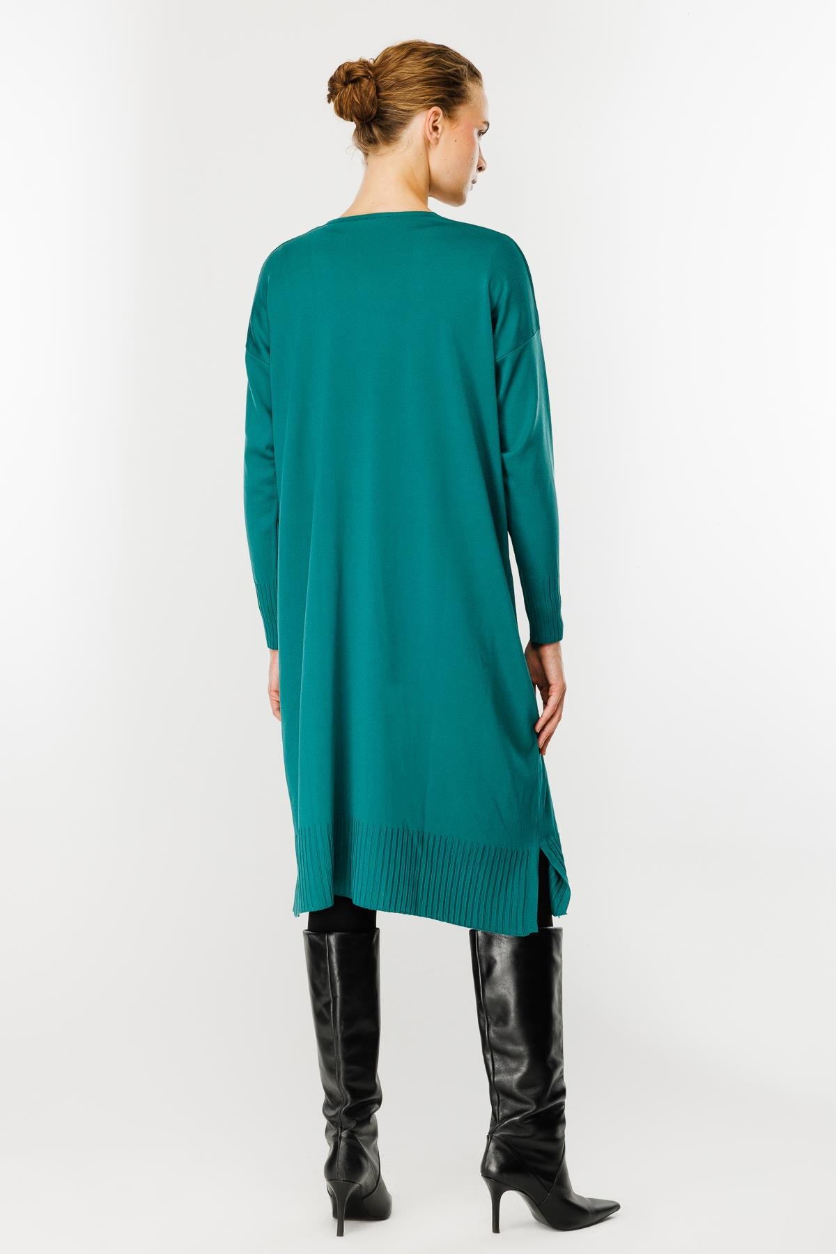 Düğmeli Uzun Triko Hırka - PETROL