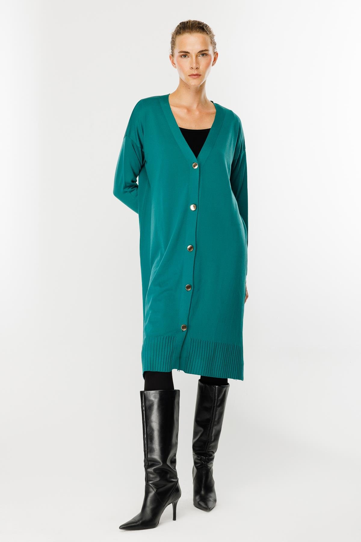 Düğmeli Uzun Triko Hırka - PETROL