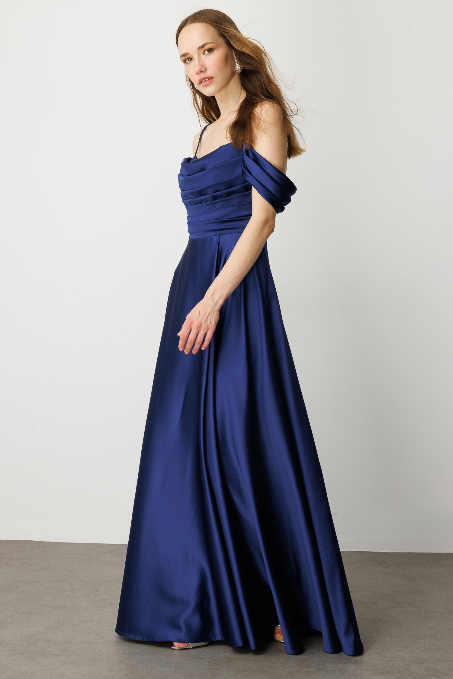 Düşük Kol Saten Abiye Elbise-LACI