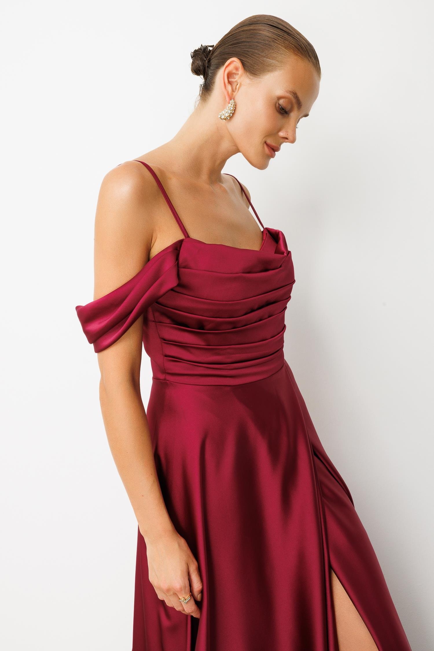 Düşük Kol Saten Abiye Elbise-MÜRDÜM